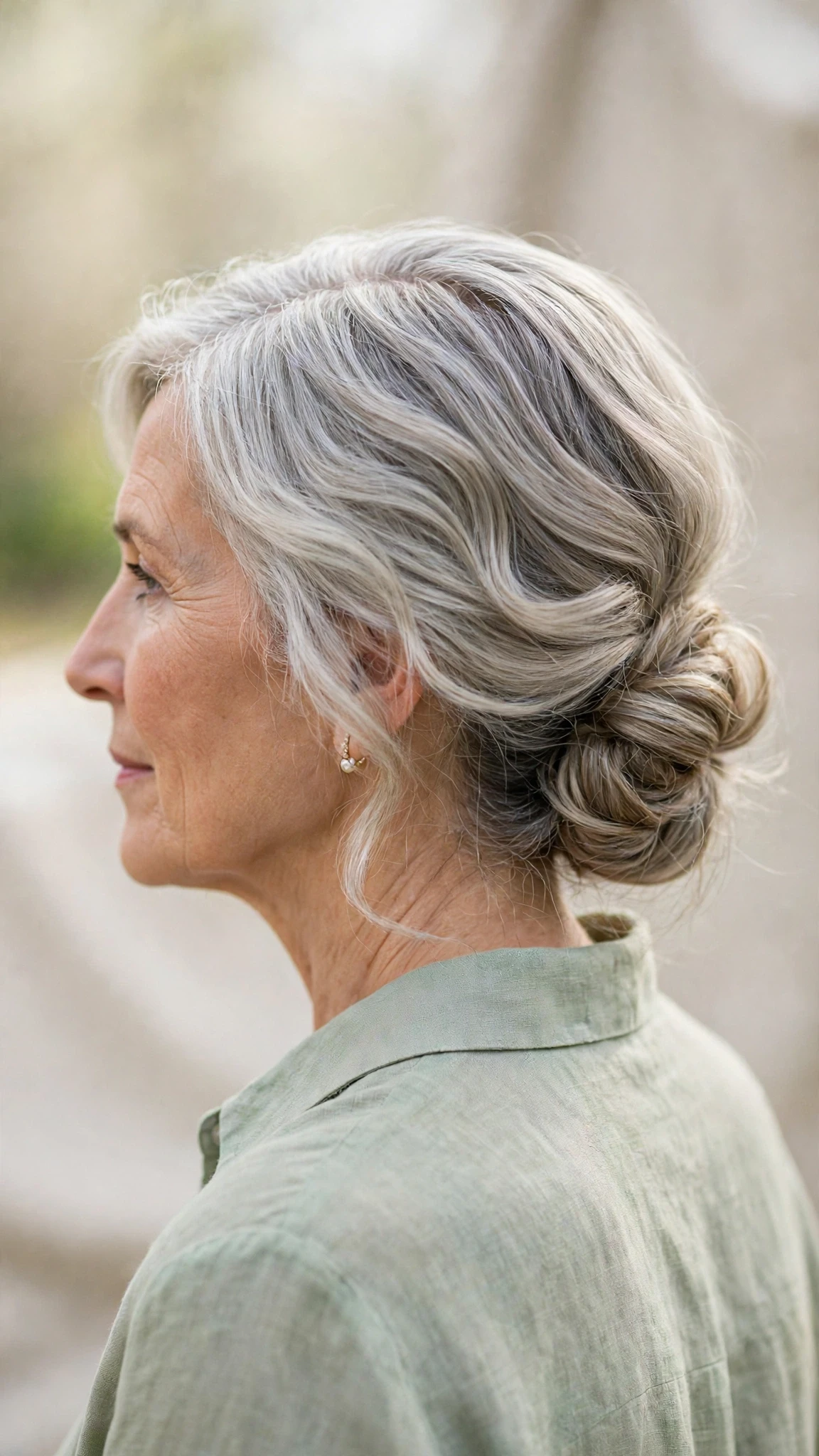 Spring Chignon Hairstyles For Easter Lunch With Soft Waves, A Deep Side Part And Cool Ash Softness