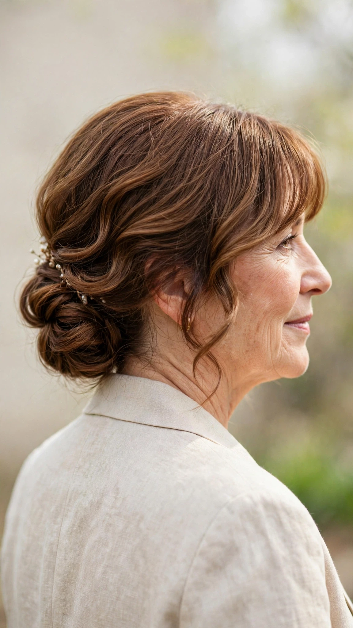 Spring Chignon Hairstyles For Spring Weddings With A Relaxed Lived-In Wave, Curtain Pieces And Warm Chestnut Warmth