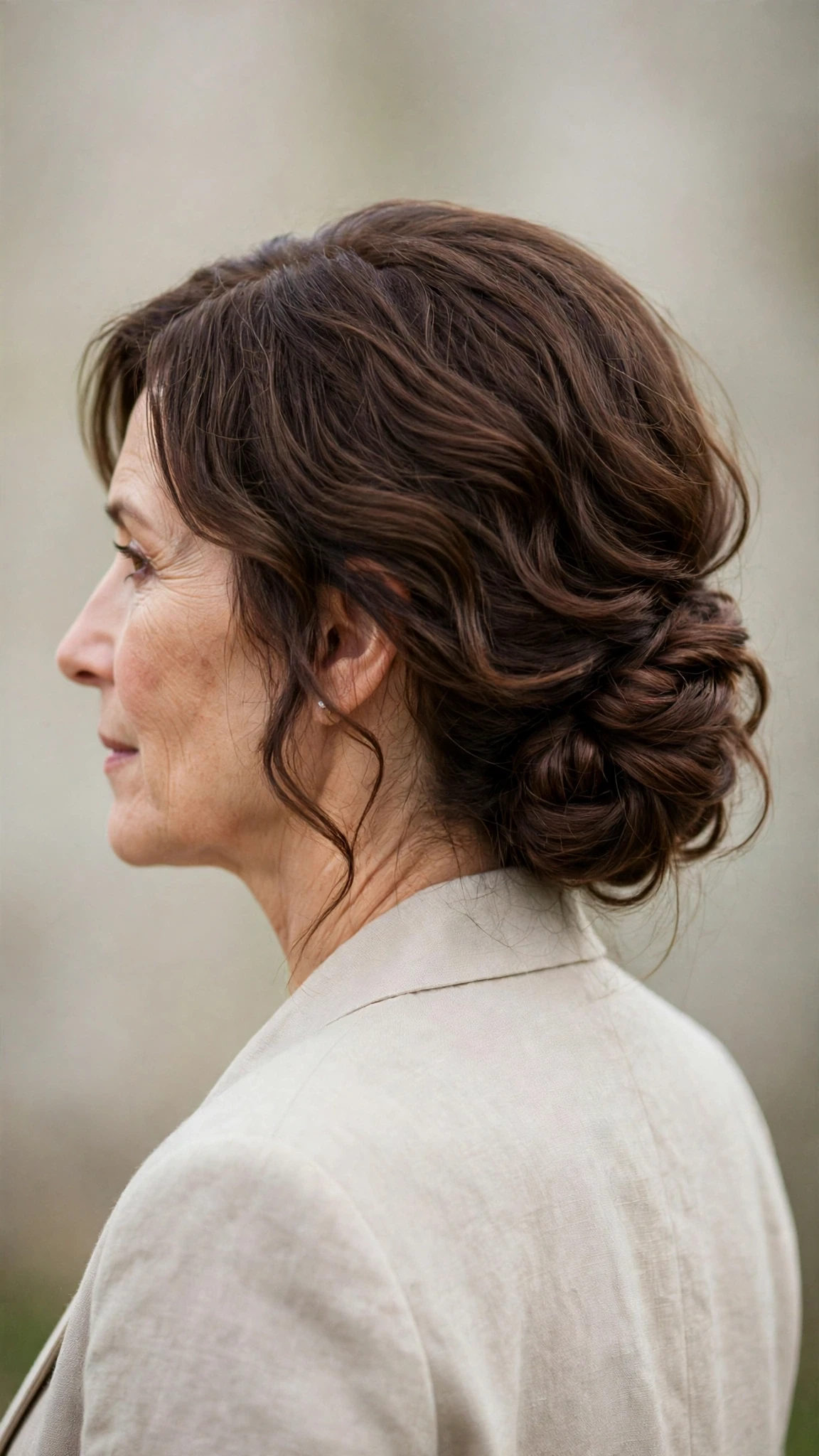 Spring Chignon Hairstyles For Spring Weddings With A Relaxed Lived-In Wave, Subtle Internal Layers And Rich Chocolate Depth