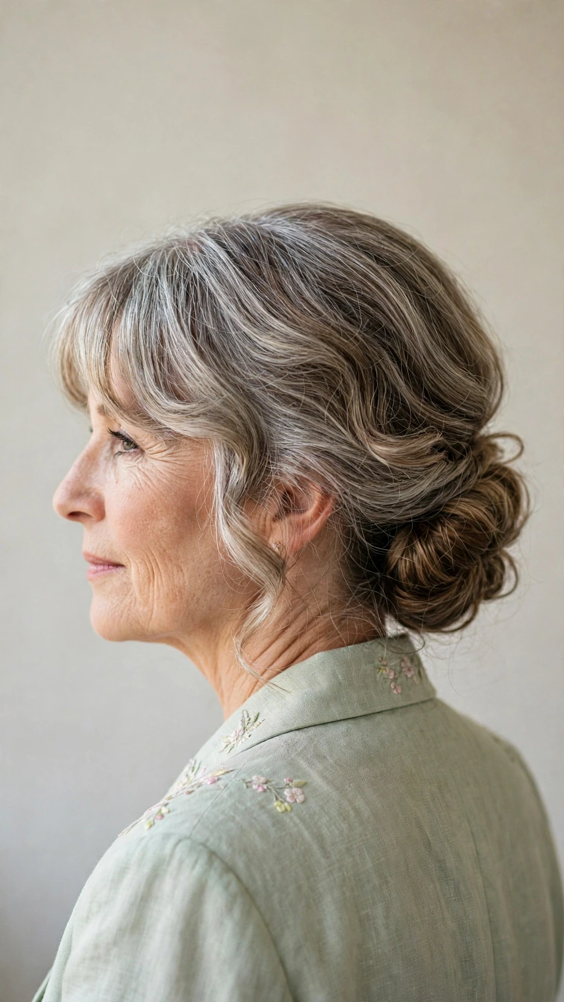 Spring Chignon Hairstyles For Spring Weddings With Soft Waves, A Soft Side-Swept Fringe And Silver-Blended Brightness