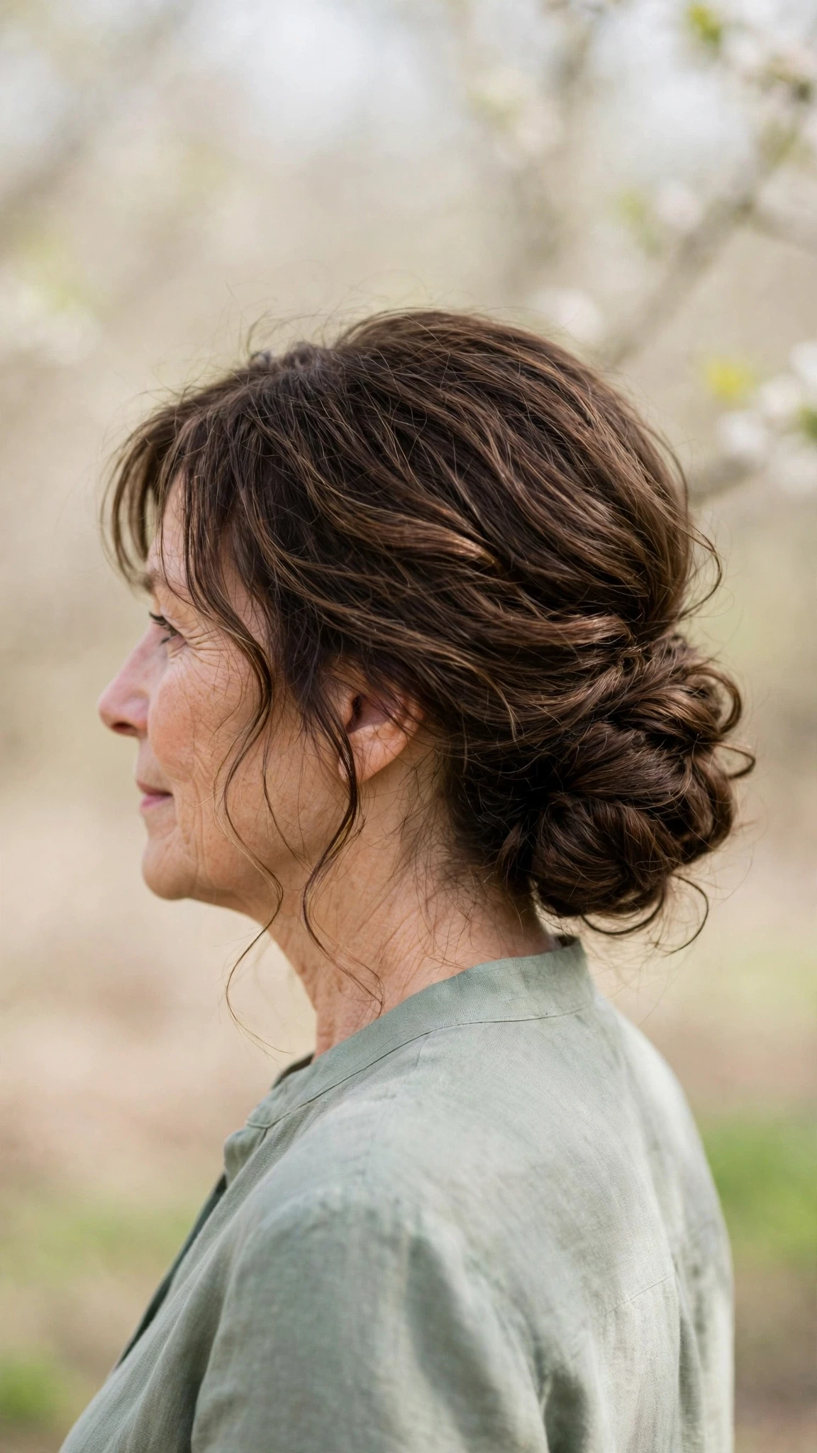 Spring Chignon Hairstyles For Spring Weddings With A Relaxed Lived-In Wave, Wispy Pieces Around The Face And Natural Brunette Depth