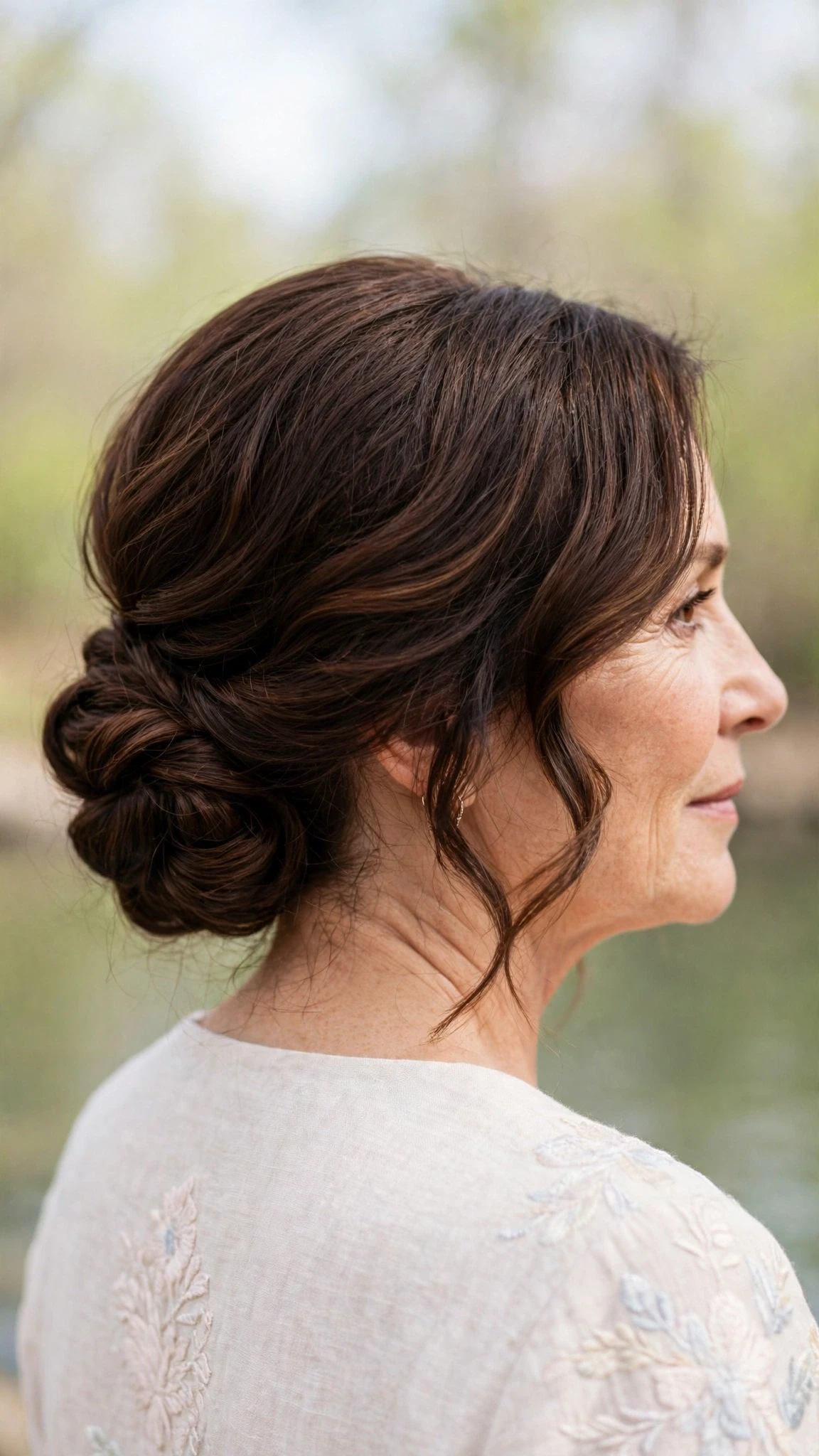 Spring Chignon Hairstyles For Spring Weddings With Soft Waves, Face-Framing Layers And Rich Chocolate Depth
