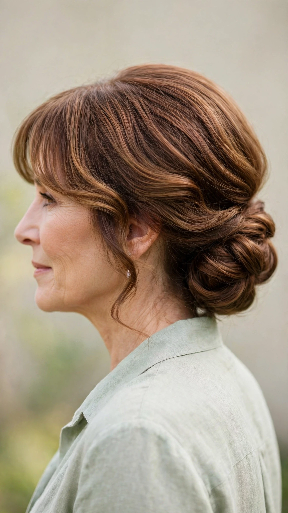 Spring Chignon Hairstyles For Spring Weddings With Soft Waves, A Soft Side-Swept Fringe And Warm Chestnut Warmth