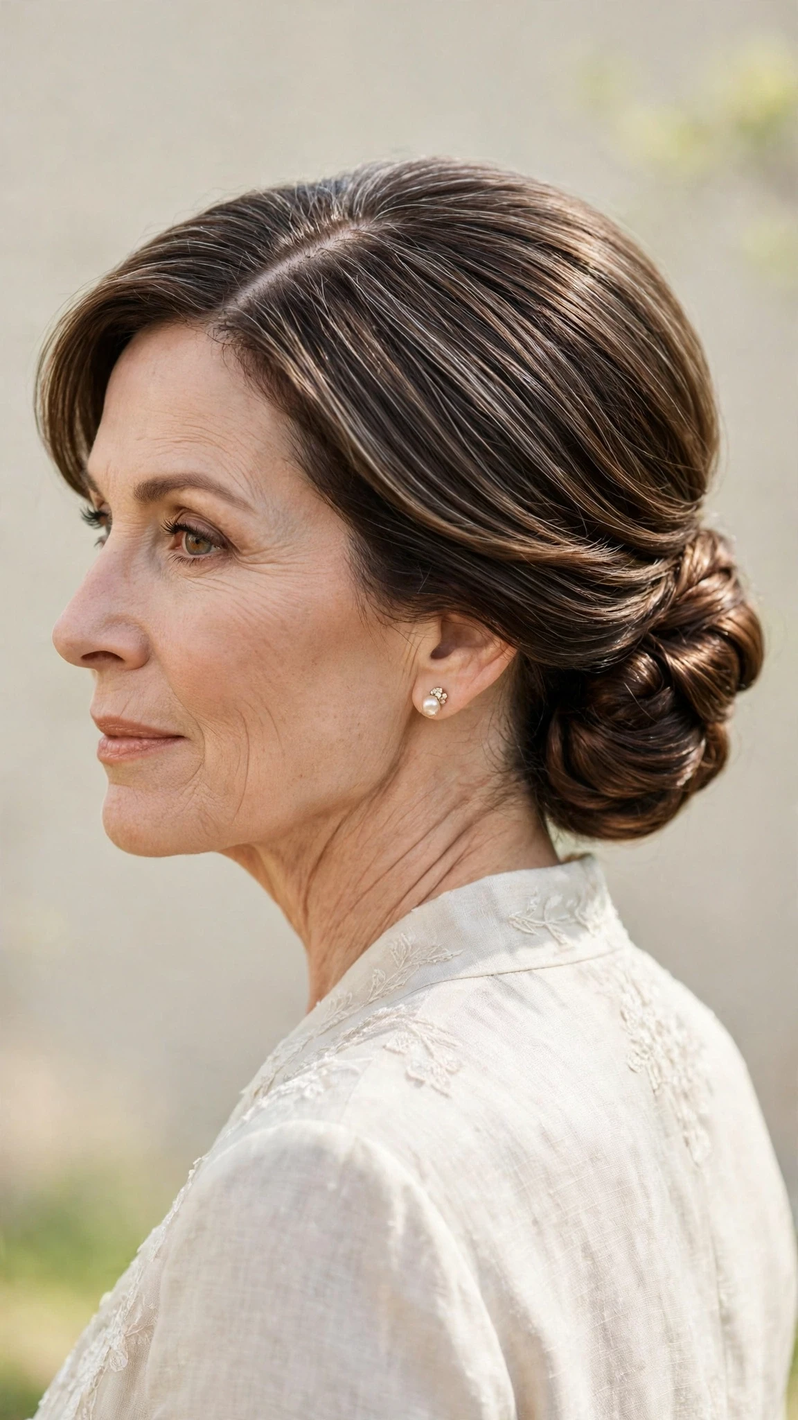 Spring Chignon Hairstyles For Spring Weddings With A Polished Blowout, A Centre Part With Soft Layers And A Glossy Shine Finish