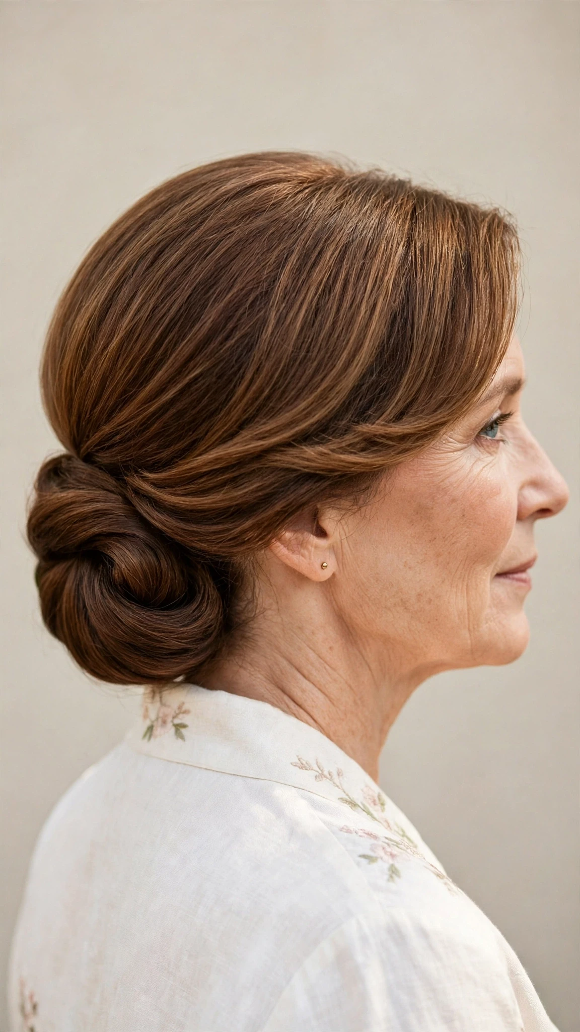 Spring Chignon Hairstyles For Spring Weddings With A Polished Blowout, Blunt Ends With Soft Layers And Warm Chestnut Warmth