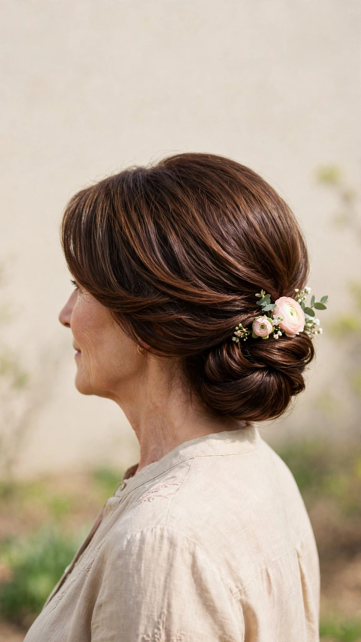 Spring Chignon Hairstyles For Spring Weddings With A Polished Blowout, Long Soft Layers And Rich Chocolate Depth