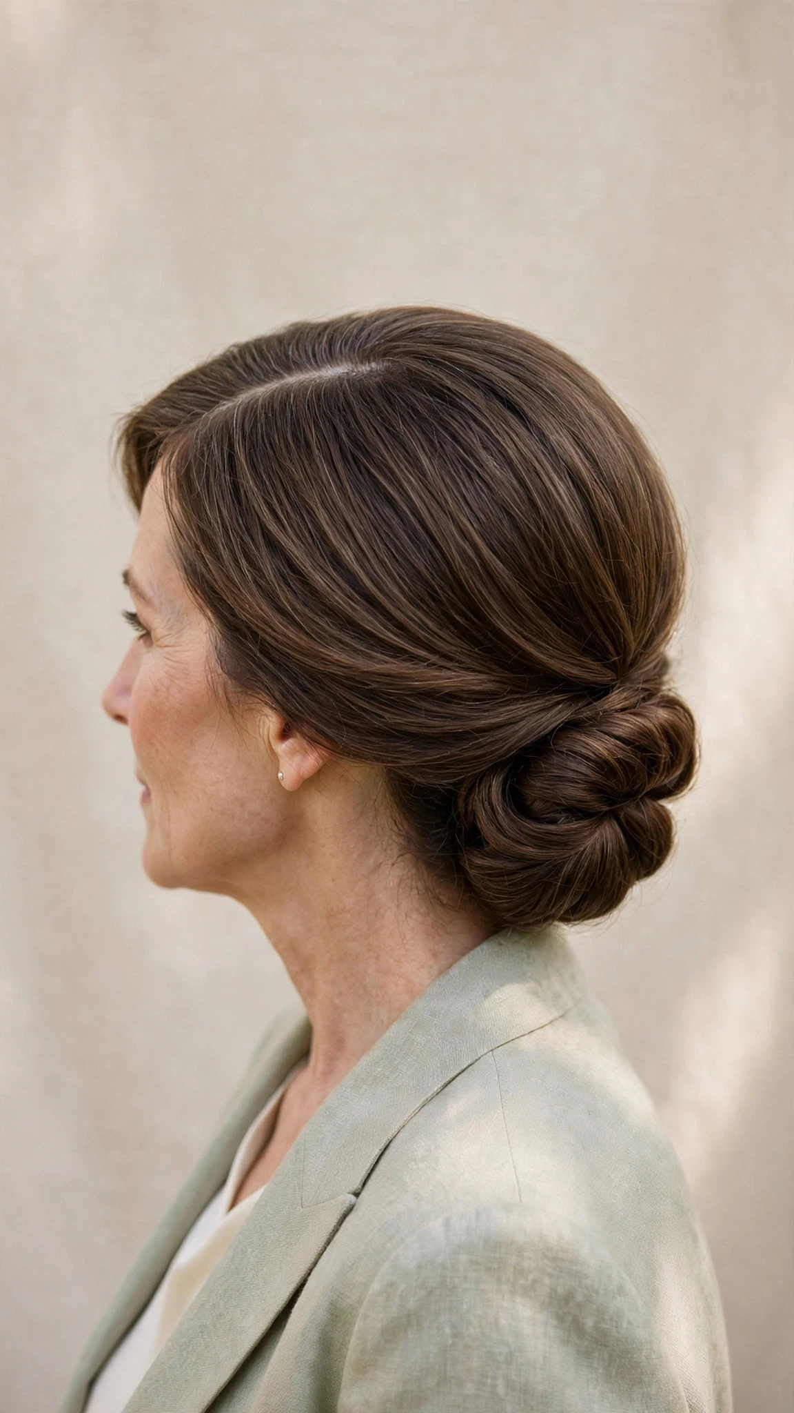 Spring Chignon Hairstyles For Spring Weddings With A Polished Blowout, A Centre Part With Soft Layers And Natural Brunette Depth