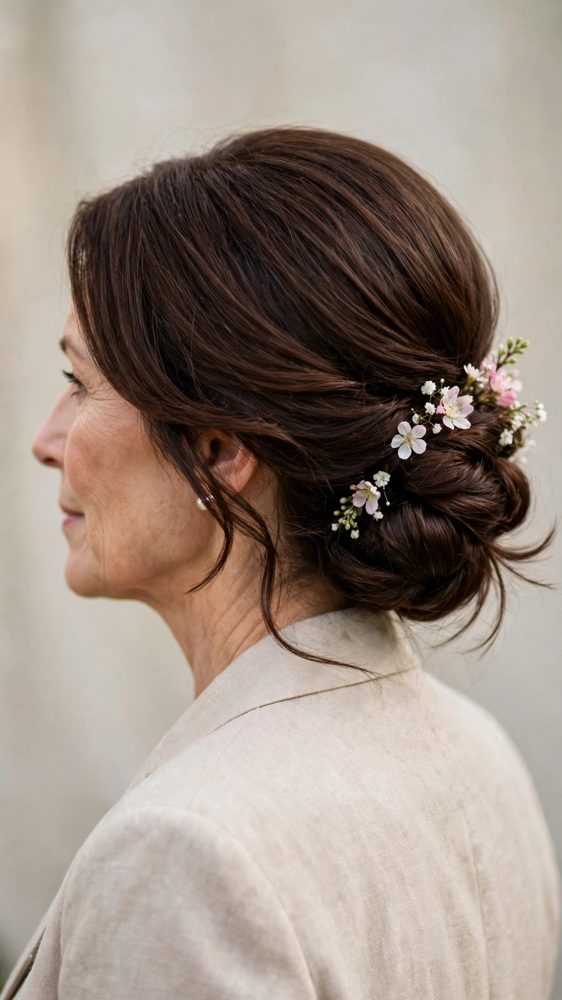 Spring Chignon Hairstyles For Spring Weddings With Smooth Glossy Lengths, Feathered Ends And Rich Chocolate Depth