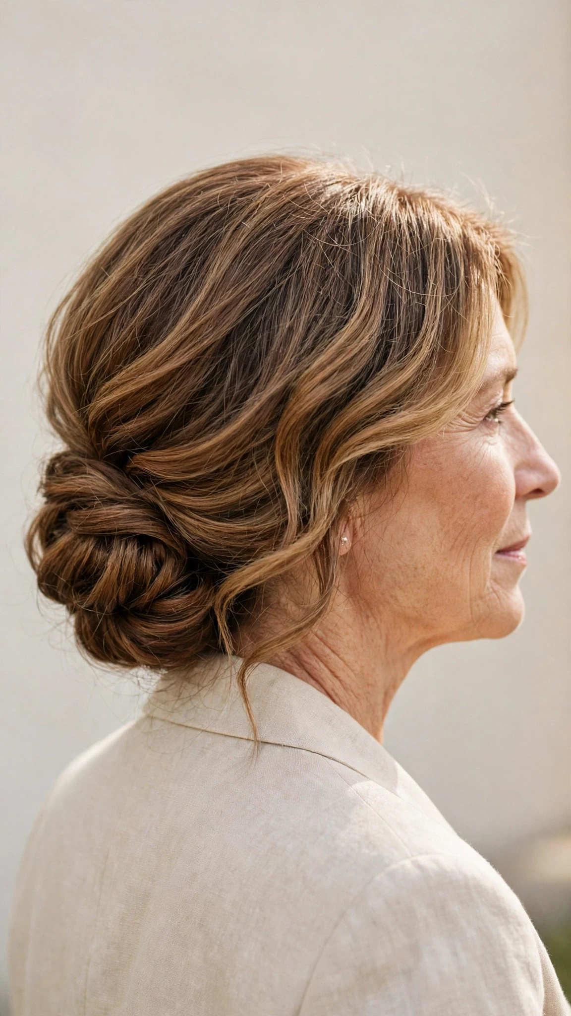 Spring Chignon Hairstyles For Spring Weddings With A Relaxed Lived-In Wave, Subtle Internal Layers And Warm Caramel Tones
