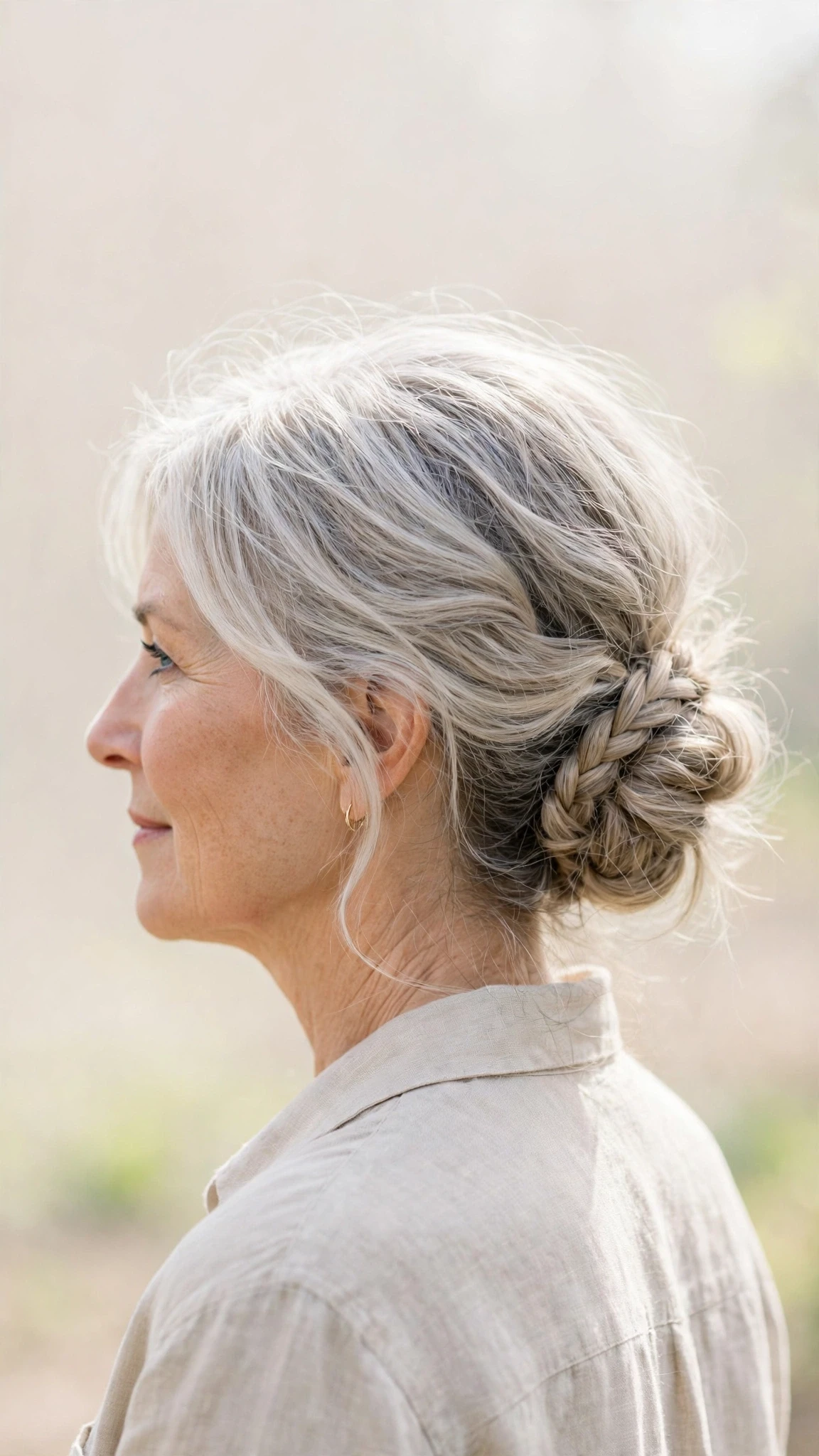 Spring Chignon Hairstyles With A Braided Detail With Gentle Tousled Texture, Feathered Ends And Cool Ash Softness