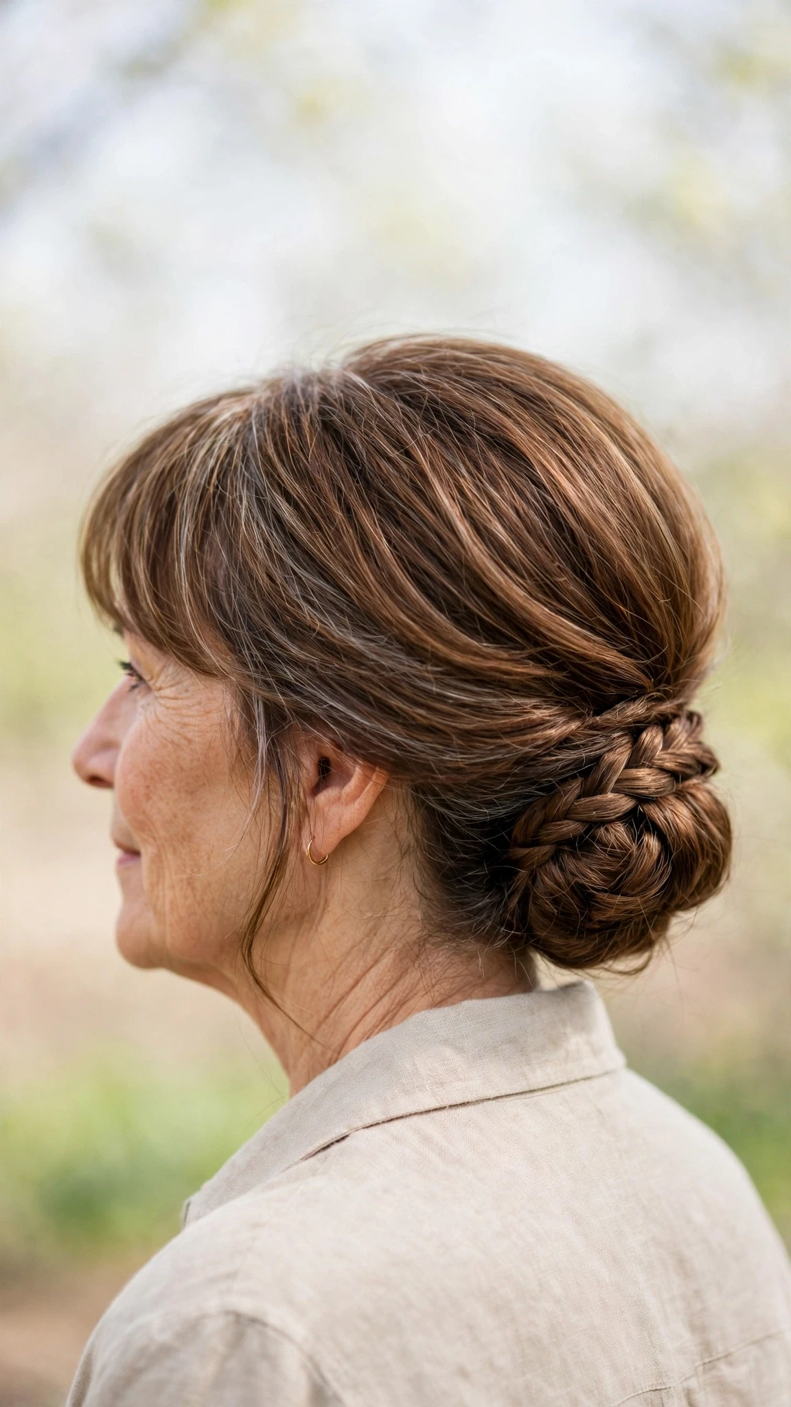 Spring Chignon Hairstyles With A Braided Detail With Delicate Natural Movement, Blunt Ends With Soft Layers And Warm Chestnut Warmth
