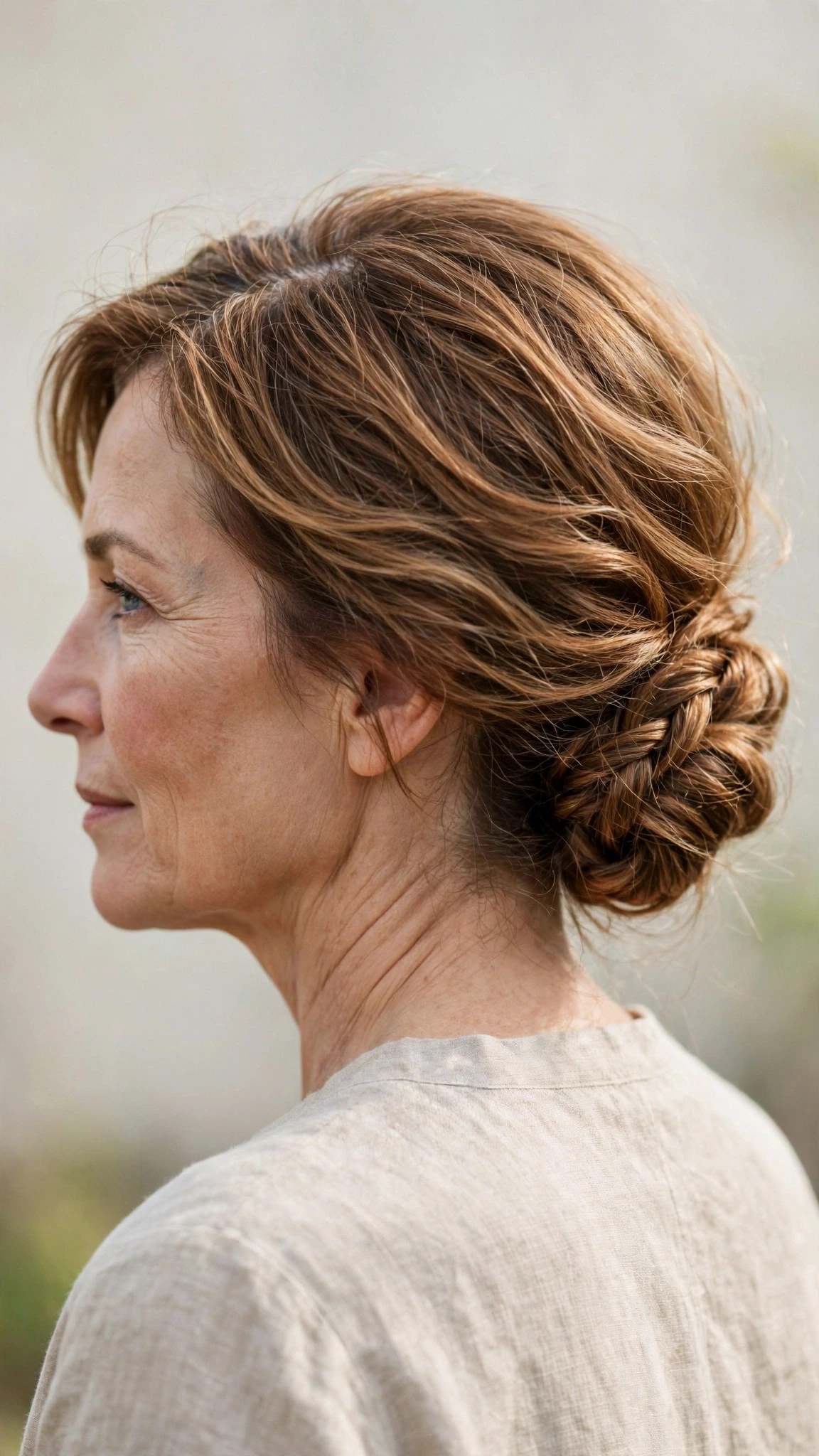 Spring Chignon Hairstyles With A Braided Detail With Gentle Tousled Texture, A Deep Side Part And Warm Caramel Tones