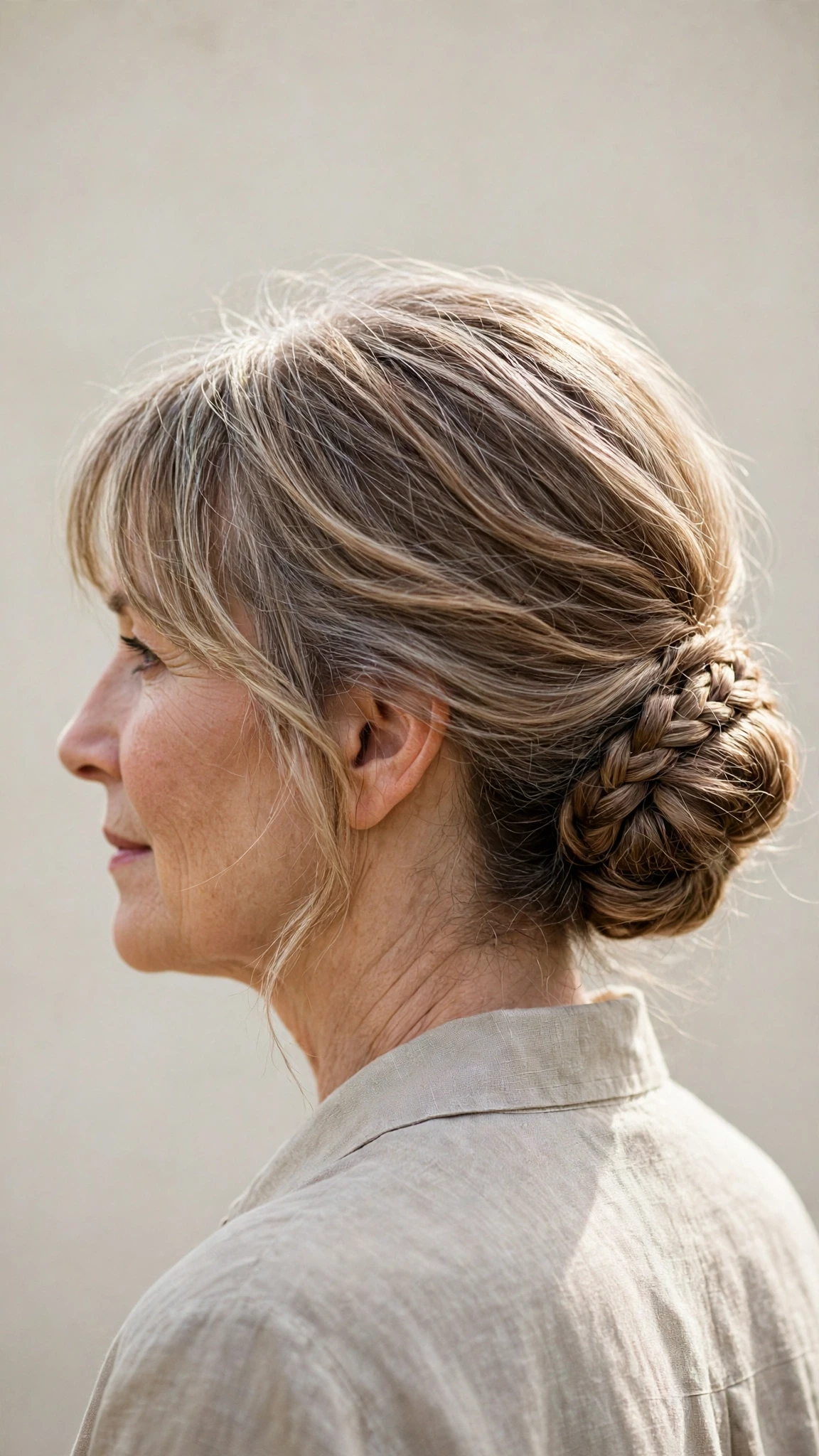 Spring Chignon Hairstyles With A Braided Detail With Airy Feathered Movement, Curtain Pieces And Sunlit Dimension