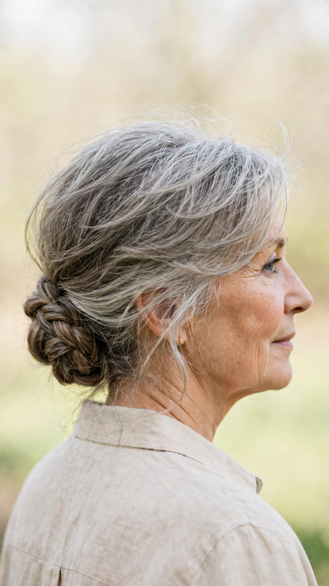 Spring Chignon Hairstyles With A Braided Detail With Gentle Tousled Texture, A Layered Shape That Moves And Silver-Blended Brightness
