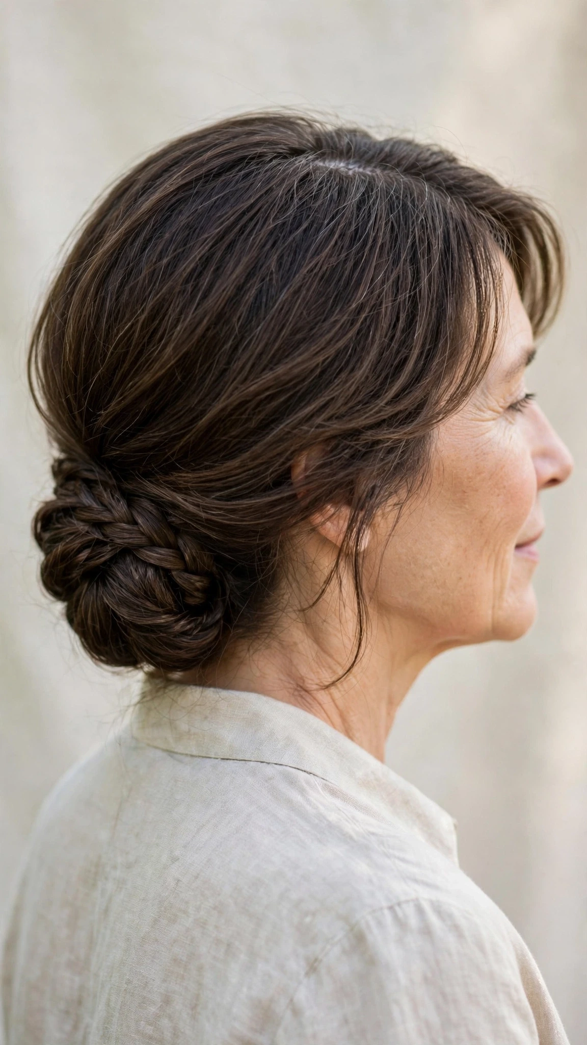 Spring Chignon Hairstyles With A Braided Detail With Delicate Natural Movement, A Centre Part With Soft Layers And Natural Brunette Depth