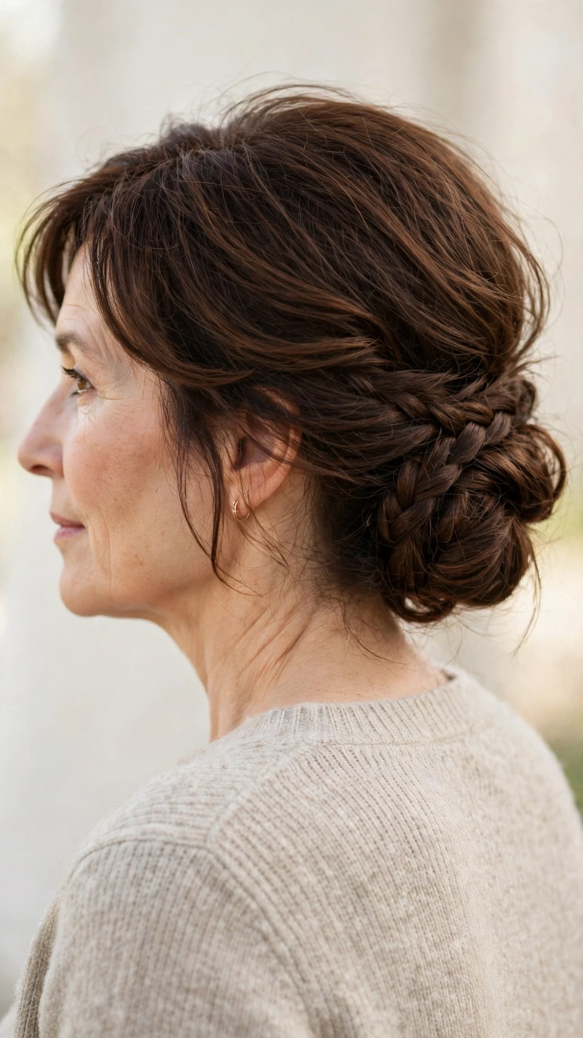 Spring Chignon Hairstyles With A Braided Detail With Gentle Tousled Texture, Feathered Ends And Rich Chocolate Depth