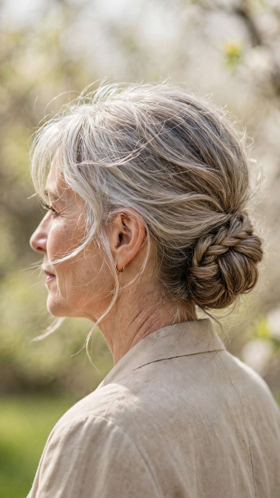 Spring Chignon Hairstyles With A Braided Detail With Airy Feathered Movement, Wispy Pieces Around The Face And Silver-Blended Brightness