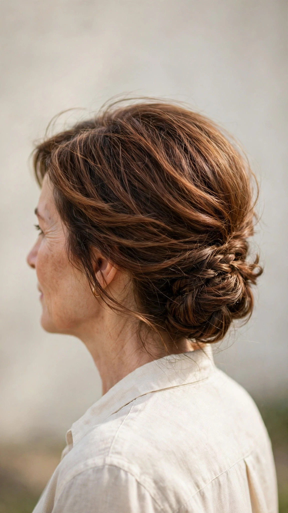 Spring Chignon Hairstyles With A Braided Detail With Gentle Tousled Texture, A Layered Shape That Moves And Warm Chestnut Warmth