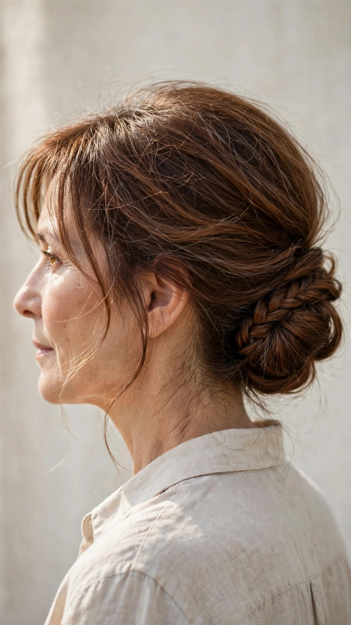 Spring Chignon Hairstyles With A Braided Detail With Airy Feathered Movement, Wispy Pieces Around The Face And Warm Chestnut Warmth