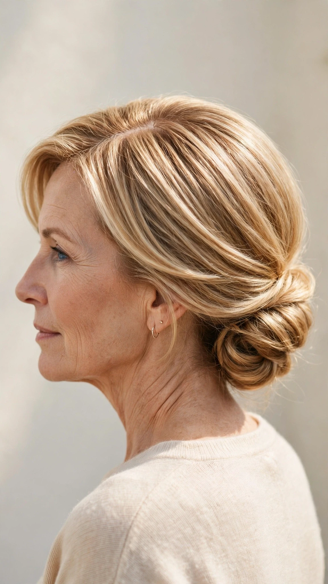 Spring Chignon Hairstyles With A Soft Low Bun With A Polished Blowout, A Centre Part With Soft Layers And Honey Blonde Shine