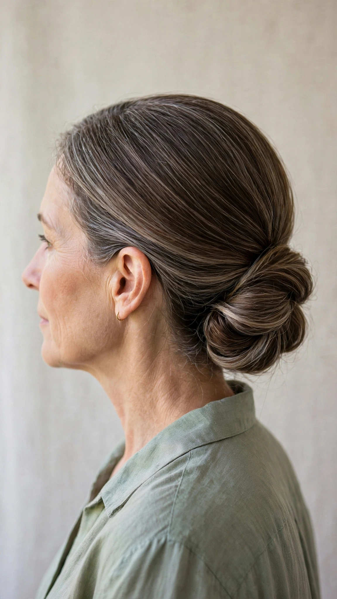 Spring Chignon Hairstyles With A Soft Low Bun With Smooth Glossy Lengths, Feathered Ends And A Fresh Salon Shine