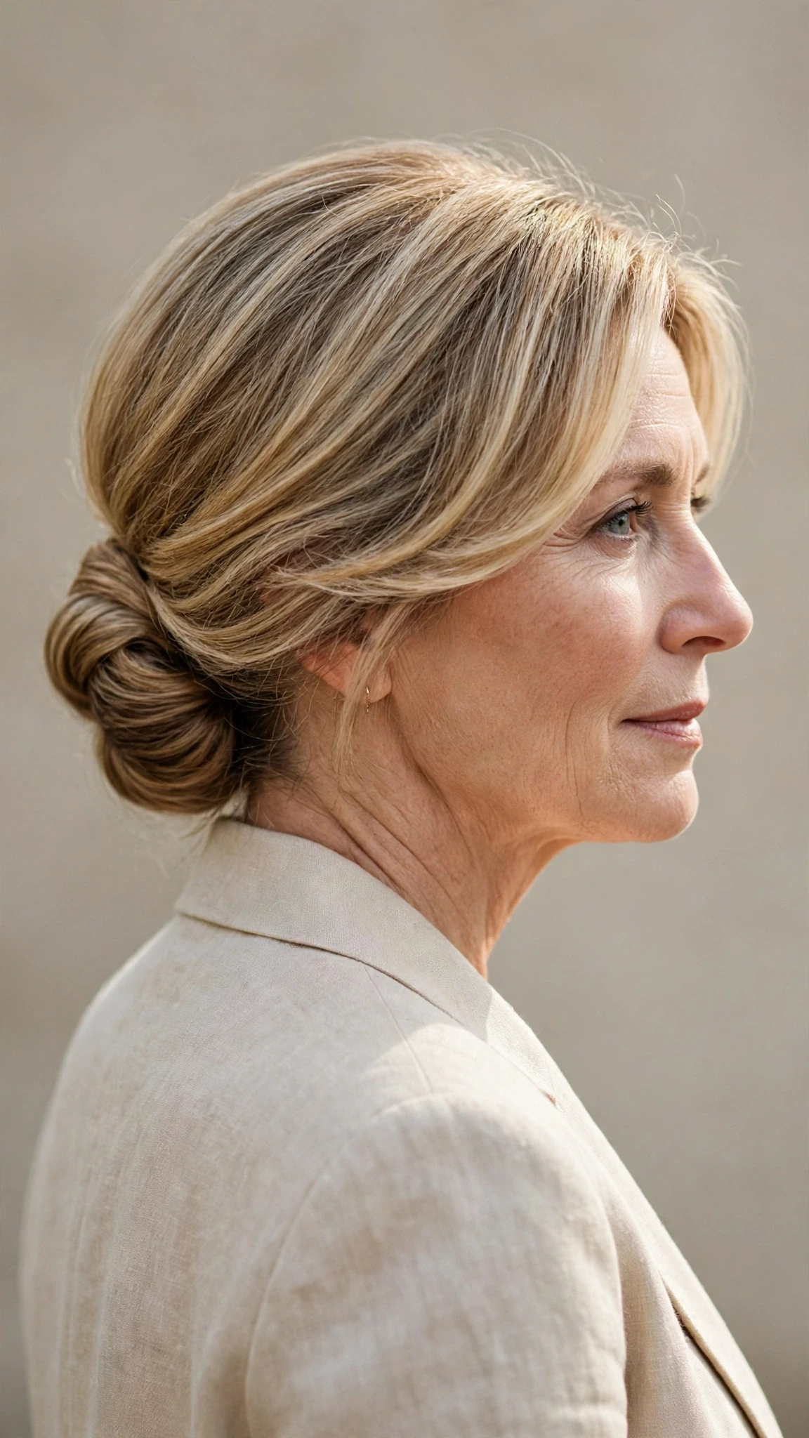 Spring Chignon Hairstyles With A Soft Low Bun With A Polished Blowout, Blunt Ends With Soft Layers And Soft Golden Pieces