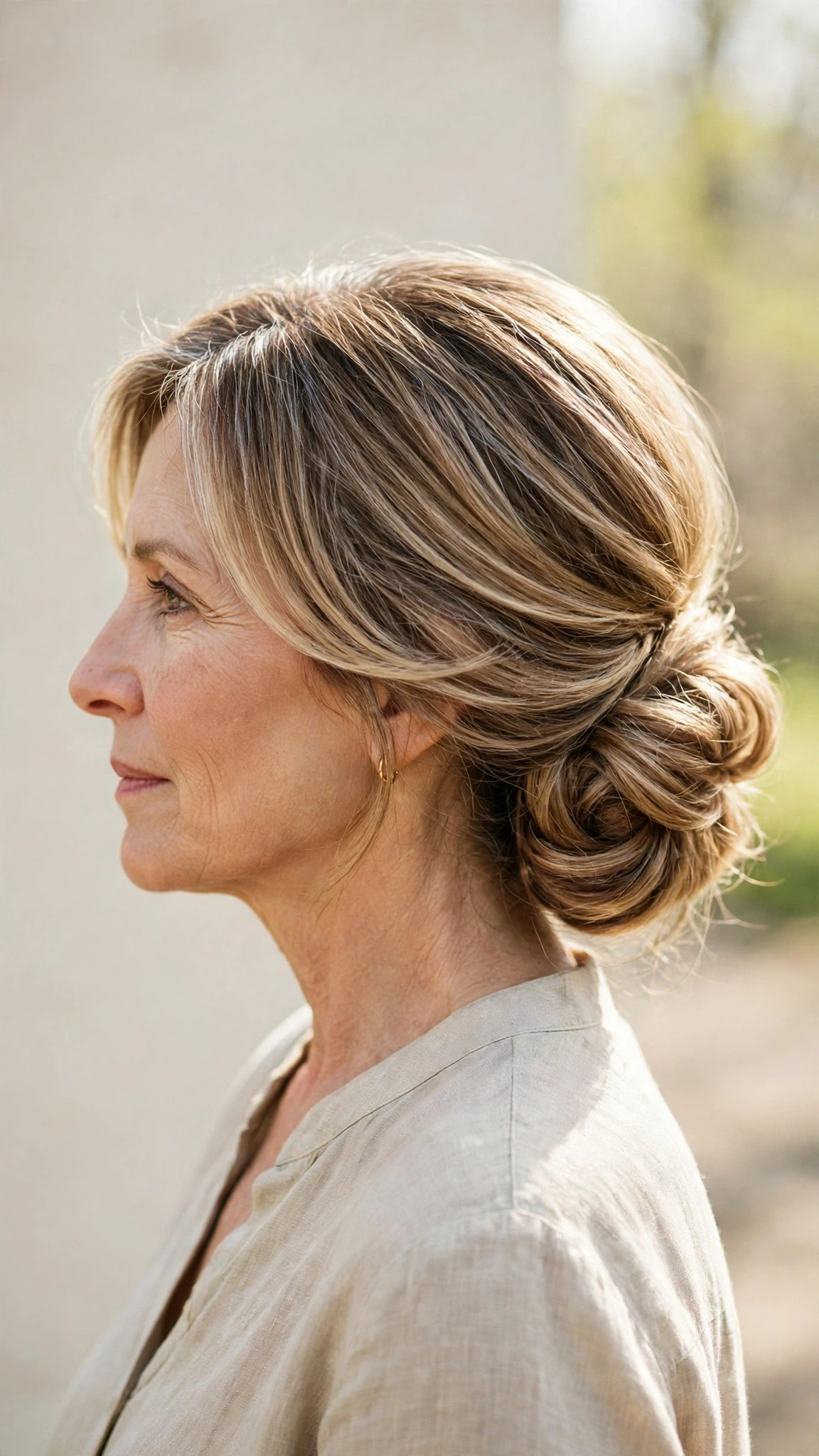Spring Chignon Hairstyles With A Soft Low Bun With A Polished Blowout, Long Soft Layers And Sunlit Dimension