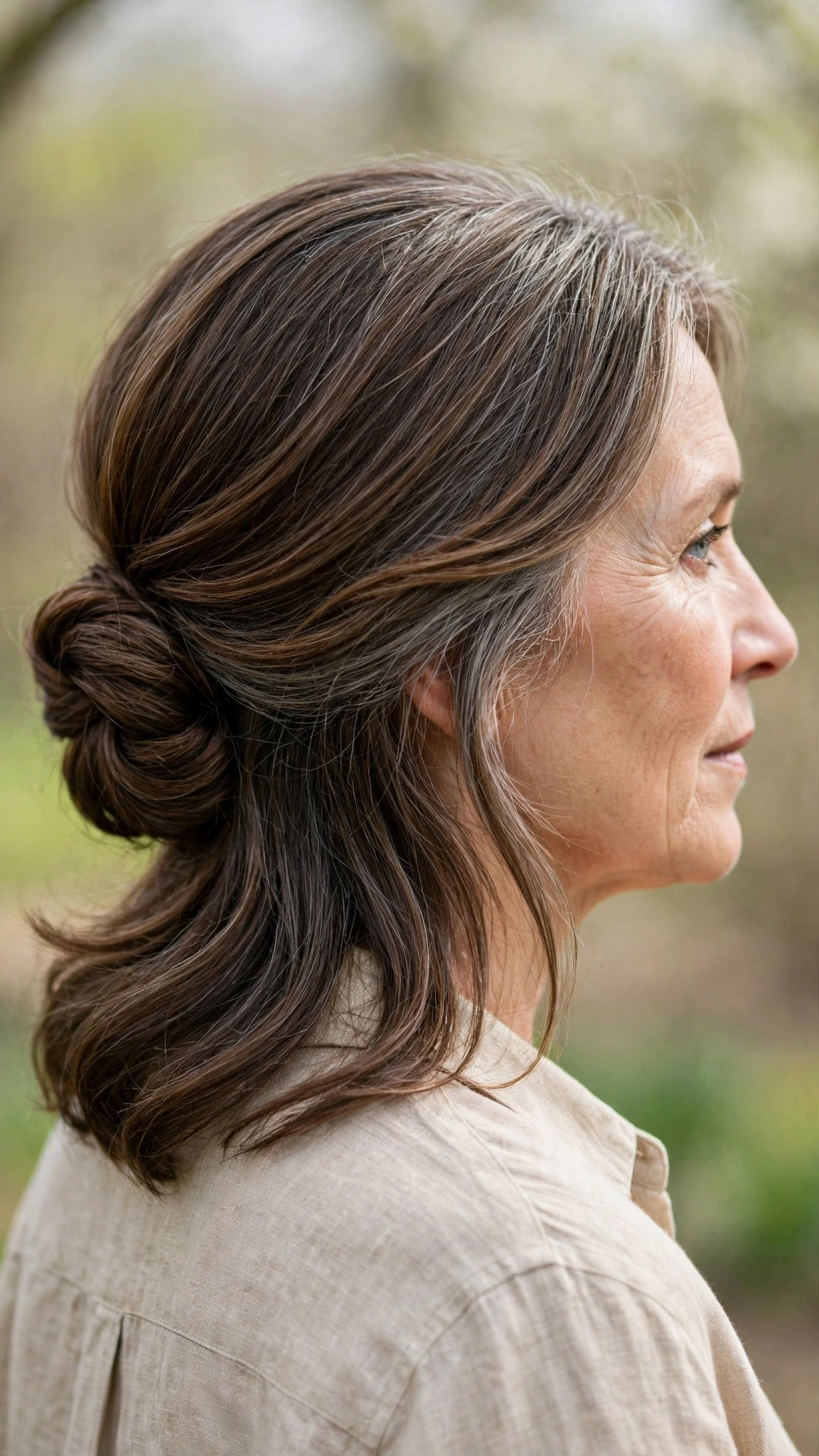 Spring Chignon Hairstyles With A Soft Low Bun With Smooth Glossy Lengths, A Layered Shape That Moves And Natural Brunette Depth