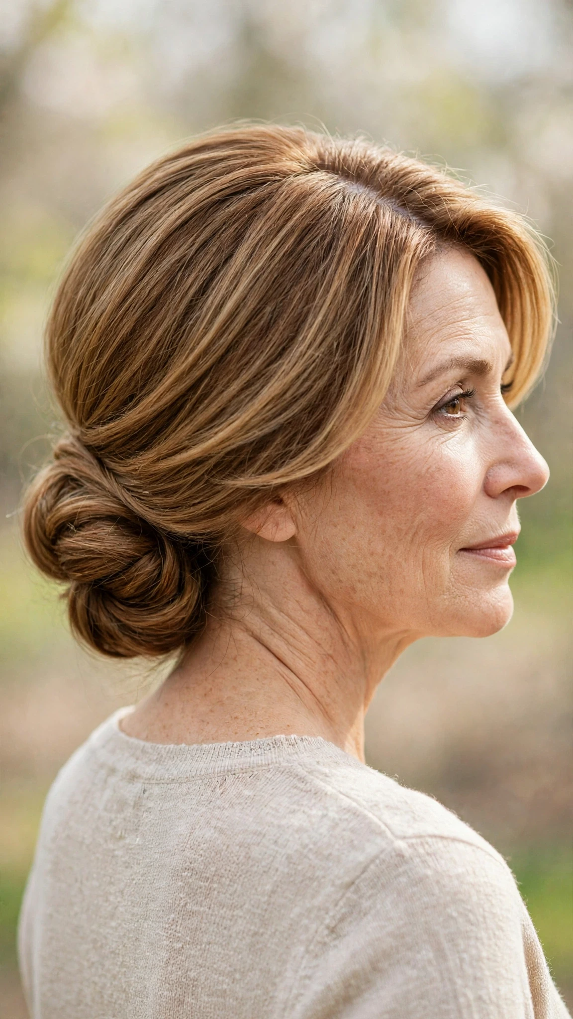 Spring Chignon Hairstyles With A Soft Low Bun With A Polished Blowout, A Centre Part With Soft Layers And Warm Caramel Tones