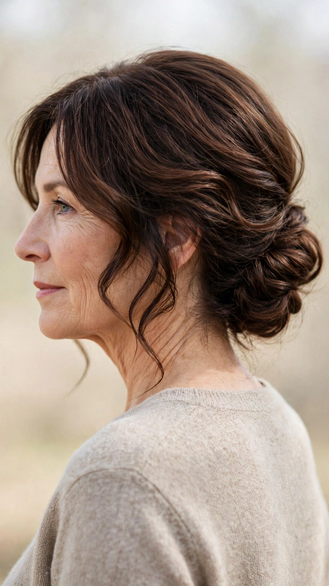 Spring Chignon Hairstyles With A Soft Low Bun With Soft Waves, Face-Framing Layers And Rich Chocolate Depth