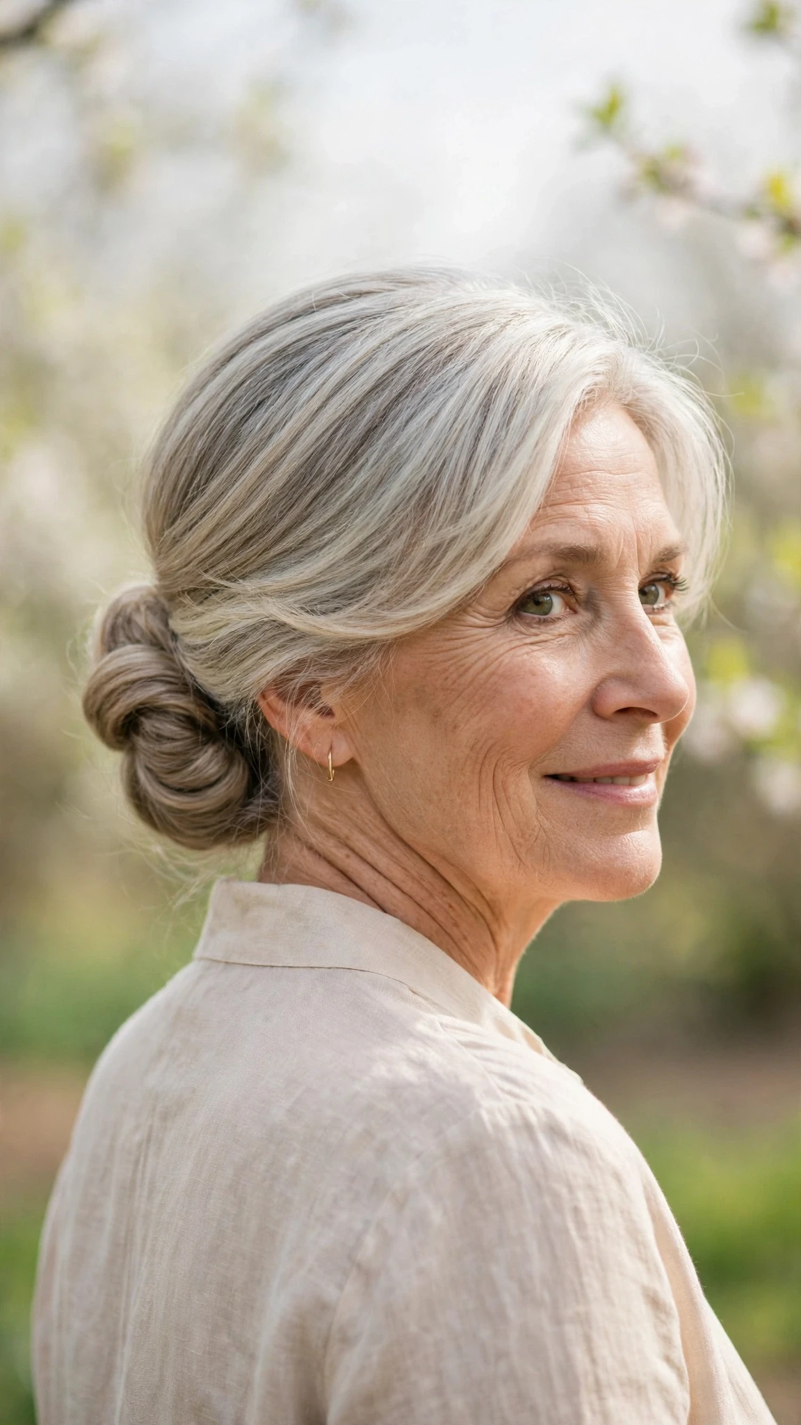 Spring Chignon Hairstyles With A Soft Low Bun With A Polished Blowout, Blunt Ends With Soft Layers And Silver-Blended Brightness