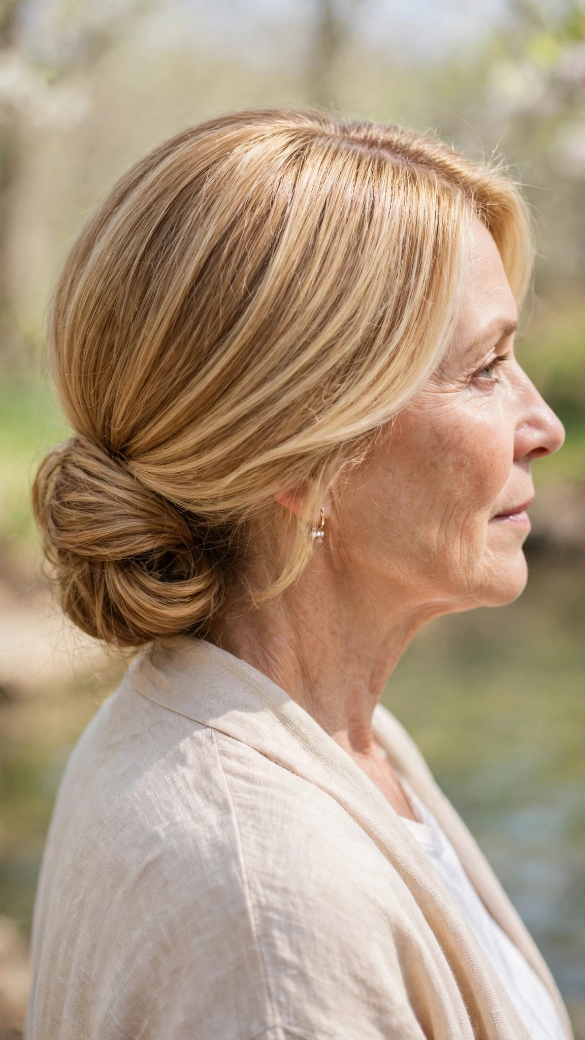 Spring Chignon Hairstyles With A Soft Low Bun With Smooth Glossy Lengths, A Deep Side Part And Honey Blonde Shine