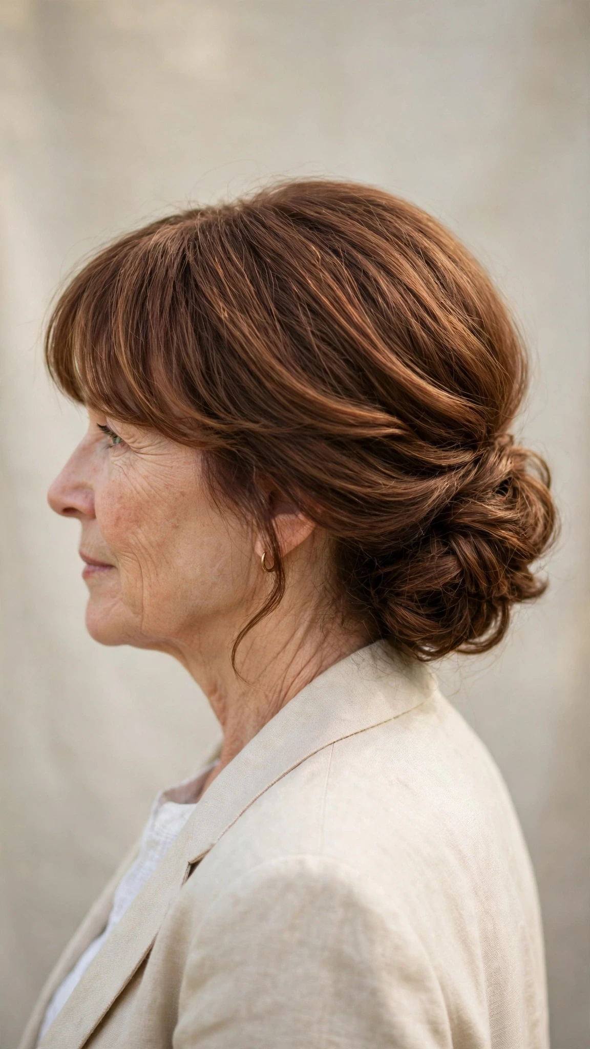 Spring Chignon Hairstyles With A Soft Low Bun With Soft Waves, A Soft Side-Swept Fringe And Warm Chestnut Warmth