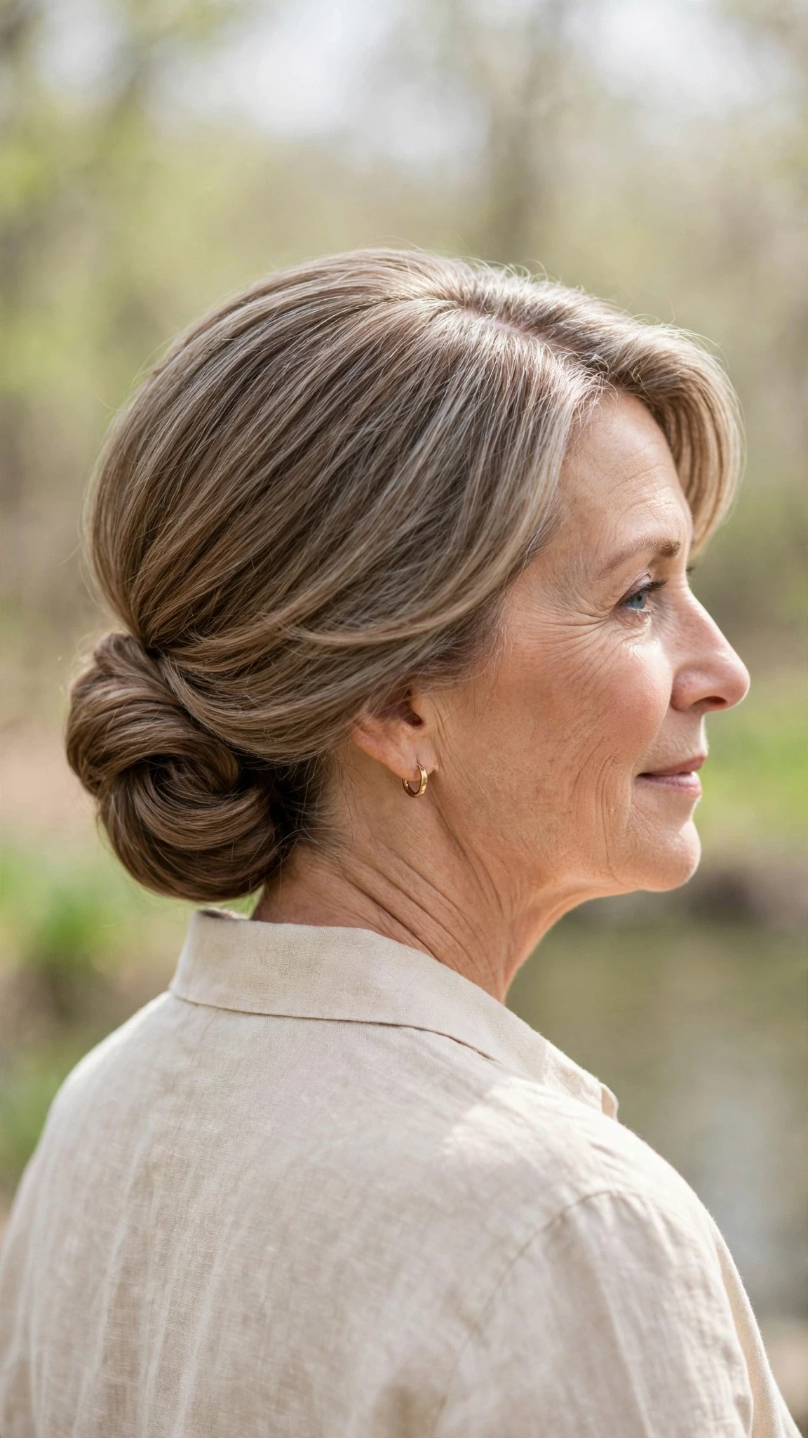 Spring Chignon Hairstyles With A Soft Low Bun With A Polished Blowout, A Centre Part With Soft Layers And A Glossy Shine Finish