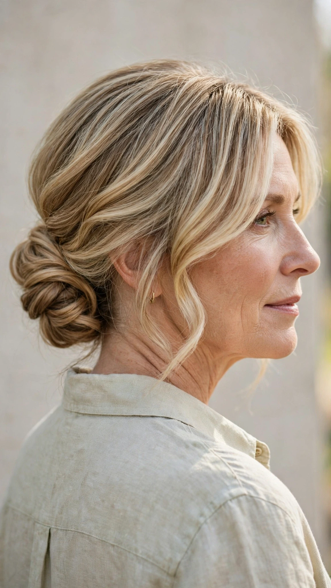 Spring Chignon Hairstyles With A Soft Low Bun With Soft Waves, Face-Framing Layers And Delicate Blonde Dimension