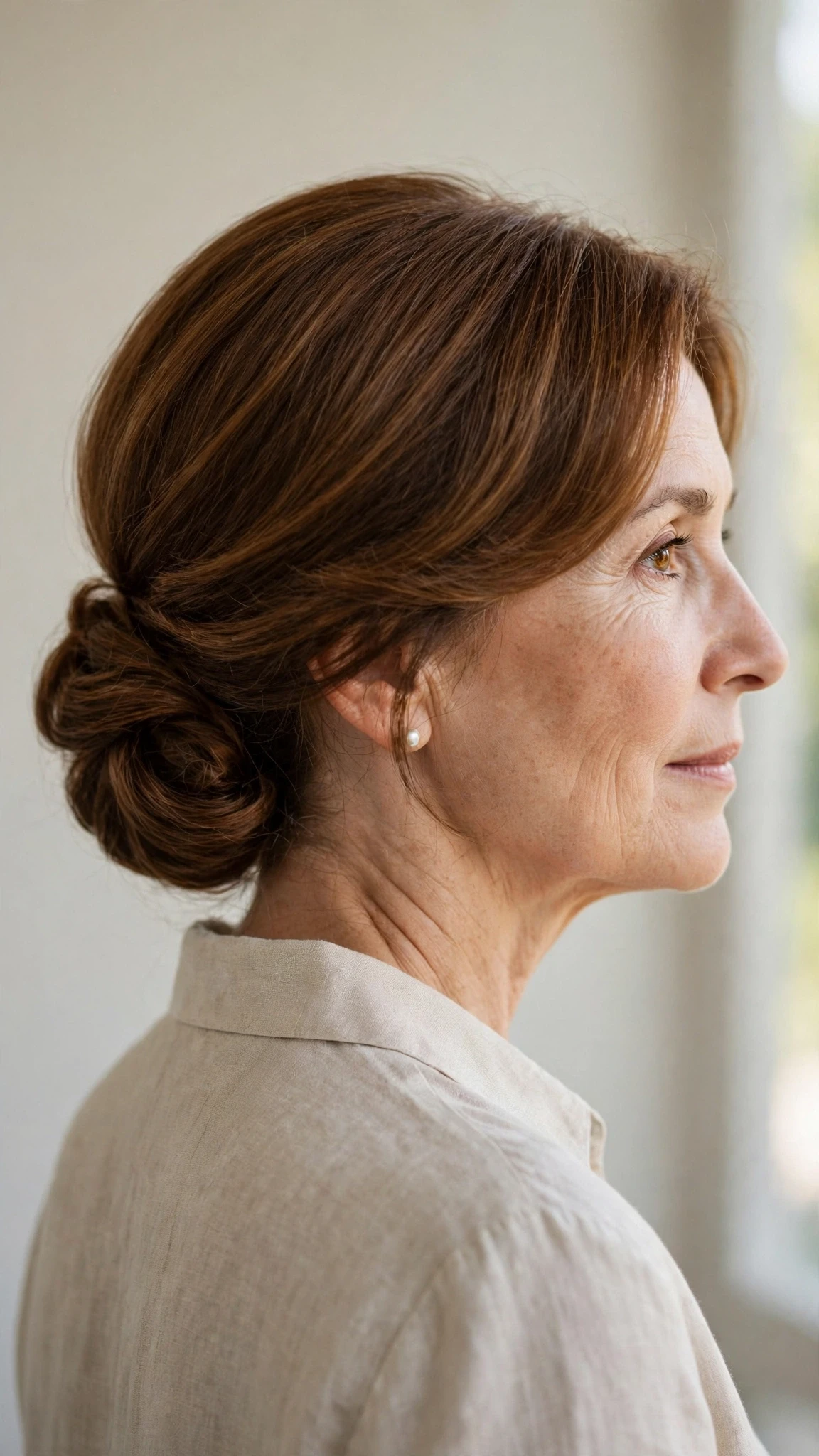 Spring Chignon Hairstyles With A Soft Low Bun With A Polished Blowout, Blunt Ends With Soft Layers And Warm Chestnut Warmth