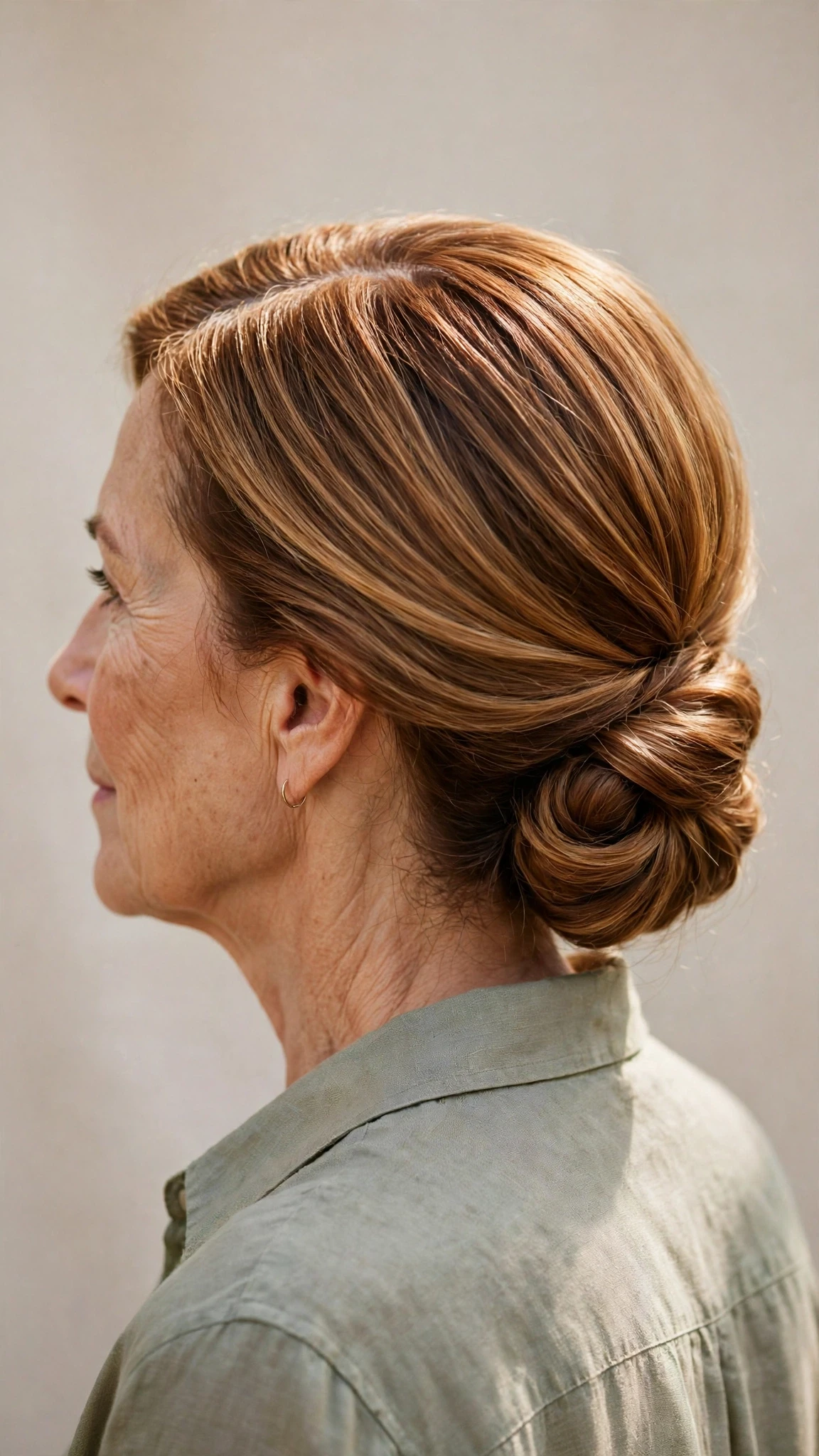 Spring Chignon Hairstyles With A Soft Low Bun With Smooth Glossy Lengths, A Deep Side Part And Warm Caramel Tones