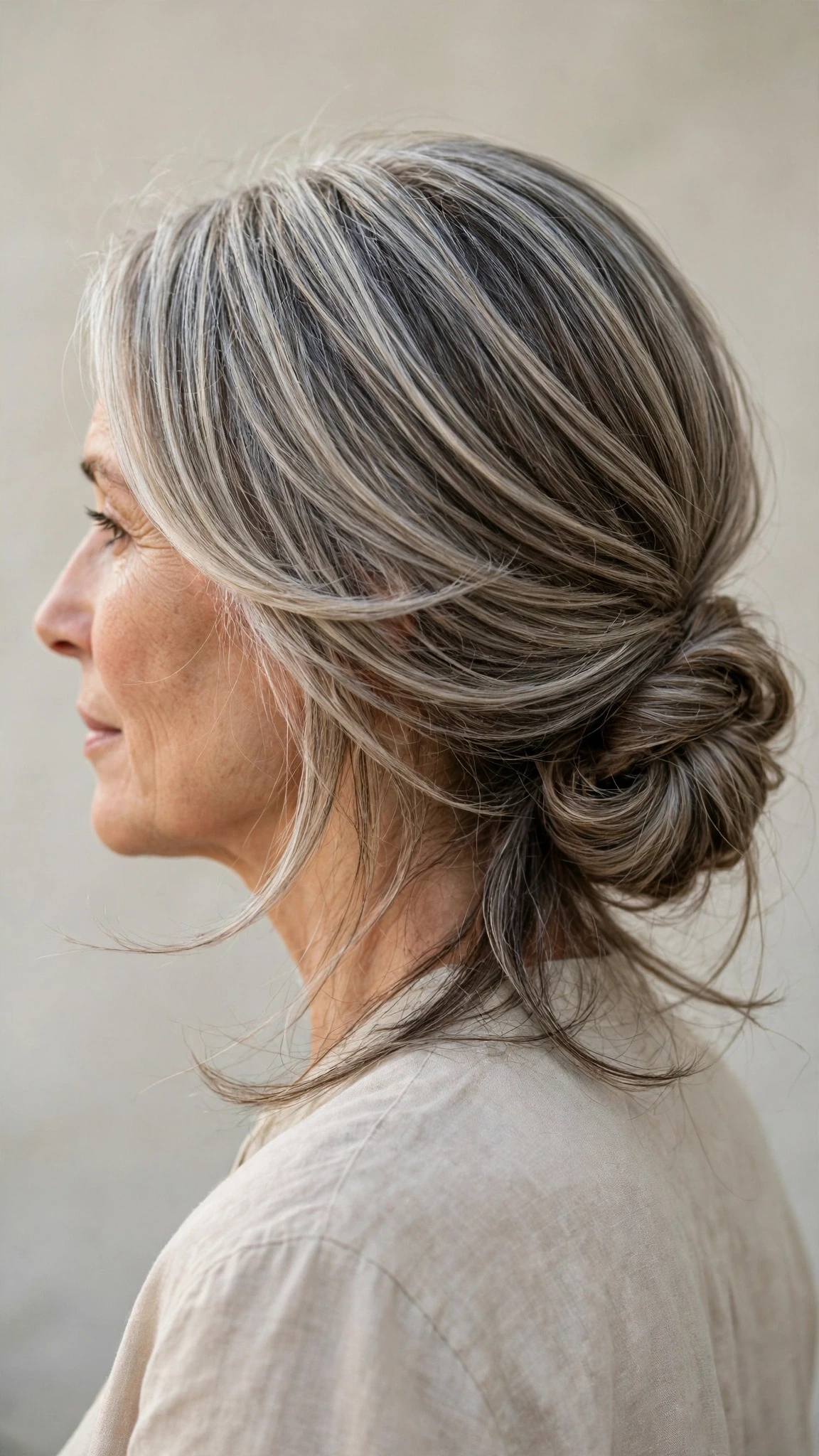 Spring Chignon Hairstyles With A Soft Low Bun With Smooth Glossy Lengths, A Layered Shape That Moves And Silver-Blended Brightness