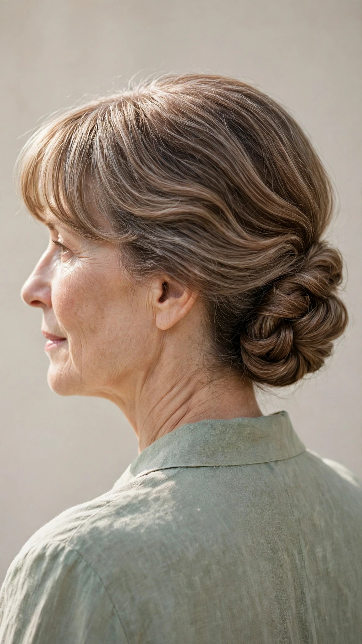 Spring Chignon Hairstyles With A Soft Low Bun With Soft Waves, A Soft Side-Swept Fringe And A Fresh Salon Shine