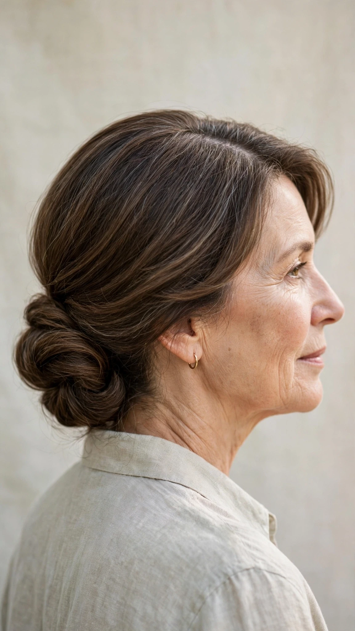 Spring Chignon Hairstyles With A Soft Low Bun With A Polished Blowout, A Centre Part With Soft Layers And Natural Brunette Depth
