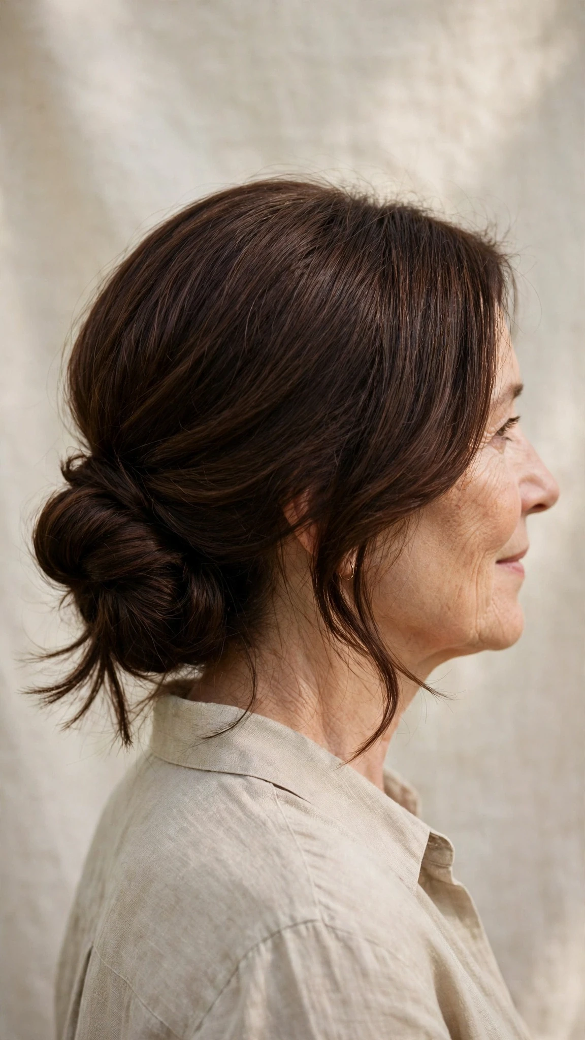 Spring Chignon Hairstyles With A Soft Low Bun With Smooth Glossy Lengths, Feathered Ends And Rich Chocolate Depth
