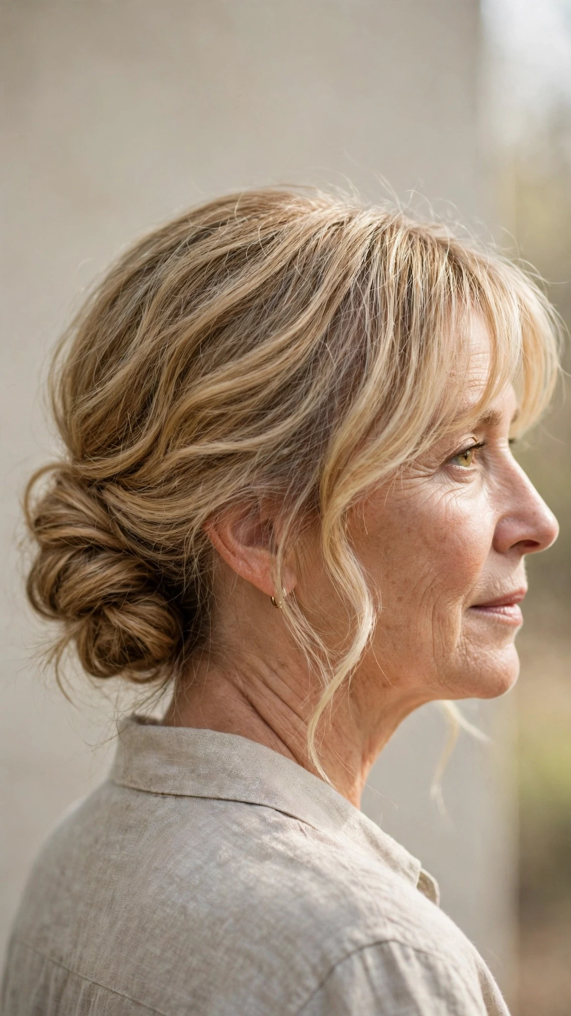 18 Spring chignon hairstyles for women over 50 with fine hair and volume That Are Chic, Fresh and Flattering 2 Spring Chignon Hairstyles With Fine Hair And Volume With A Relaxed Lived-In Wave, Curtain Pieces And Honey Blonde Shine