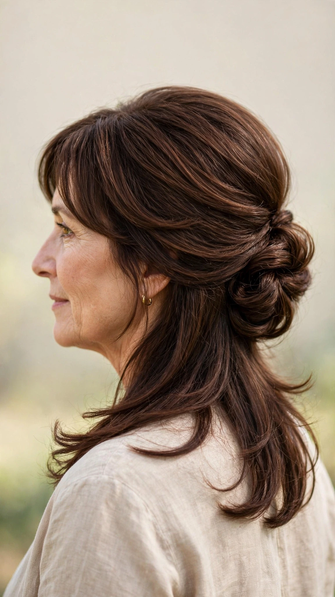 18 Spring chignon hairstyles for women over 50 with fine hair and volume That Are Chic, Fresh and Flattering 17 Spring Chignon Hairstyles With Fine Hair And Volume With Smooth Glossy Lengths, A Layered Shape That Moves And Rich Chocolate Depth