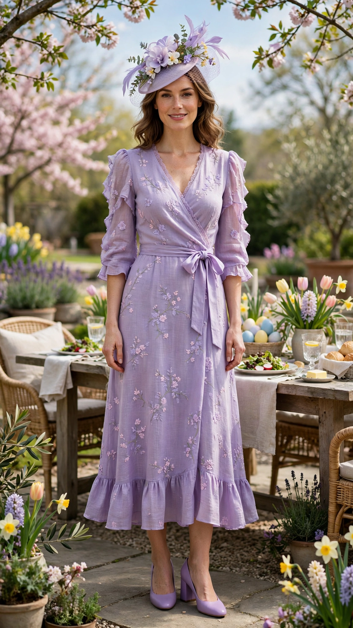 Lavender Spring Easter Outfit with a fascinator-style hat and block heels