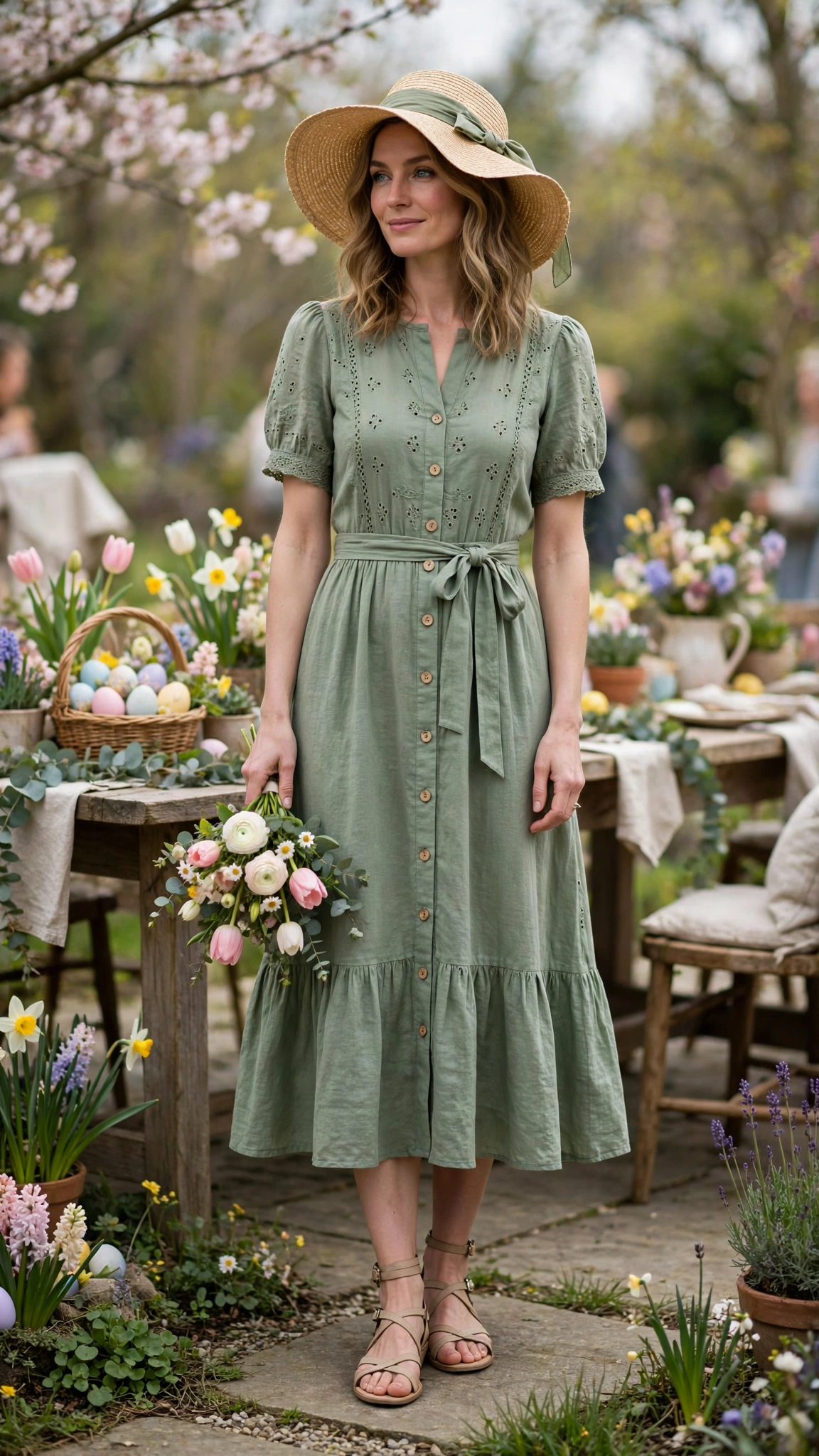 Sage Green Spring Easter Outfit with a floppy hat and strappy sandals