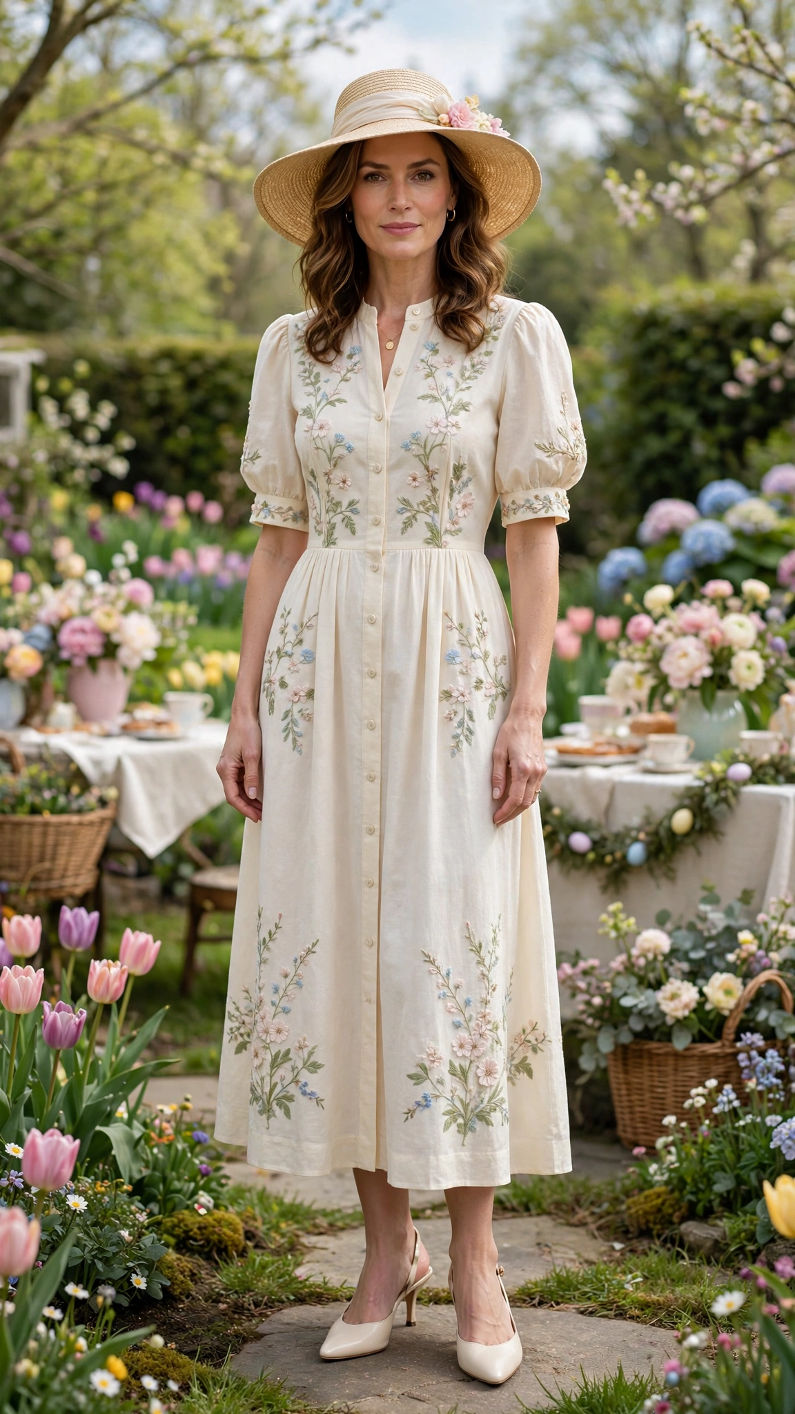 Cream Spring Easter Outfit with a sun hat and slingback heels