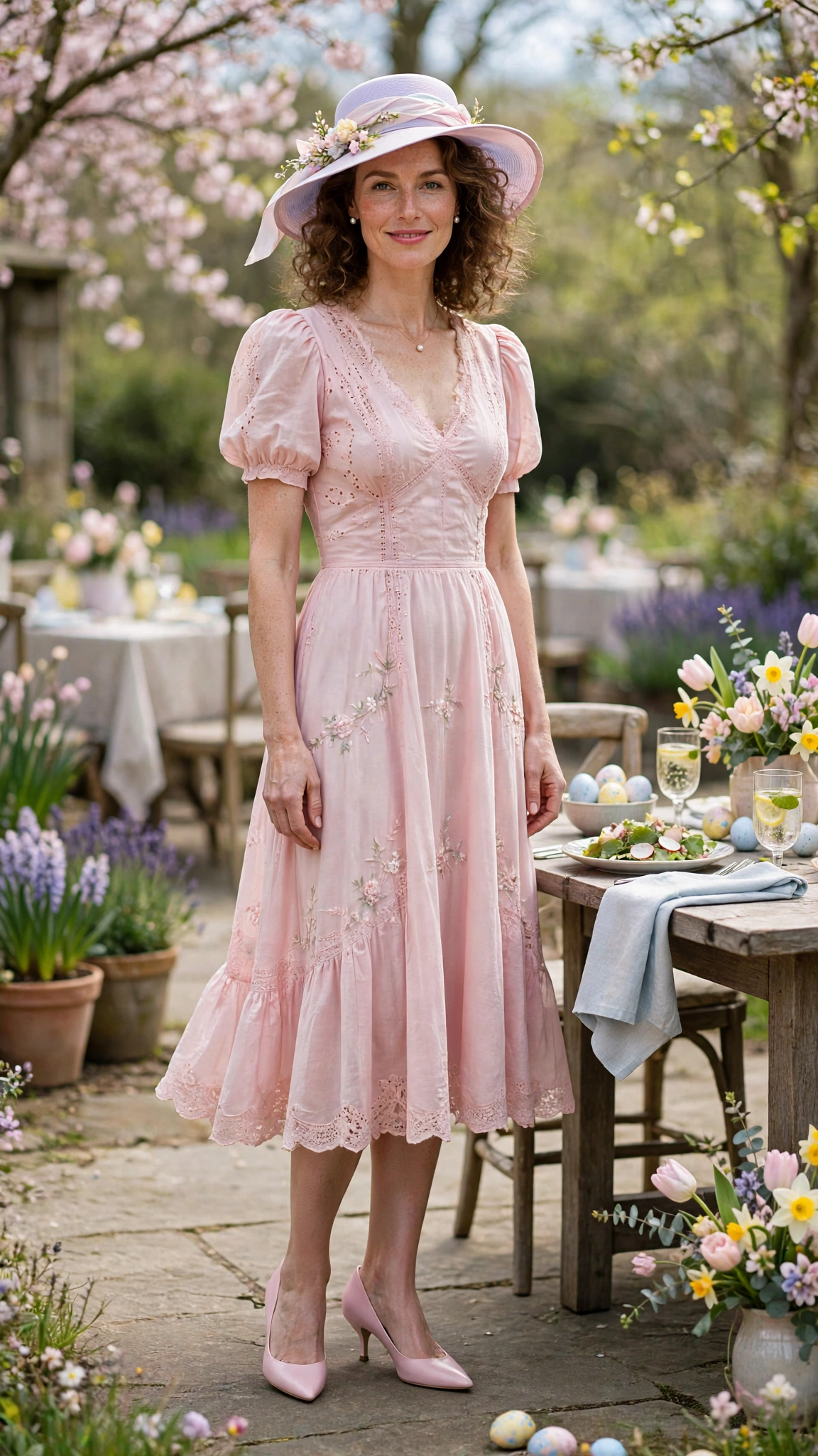 Powder Pink Spring Easter Outfit with a pastel hat and kitten heels