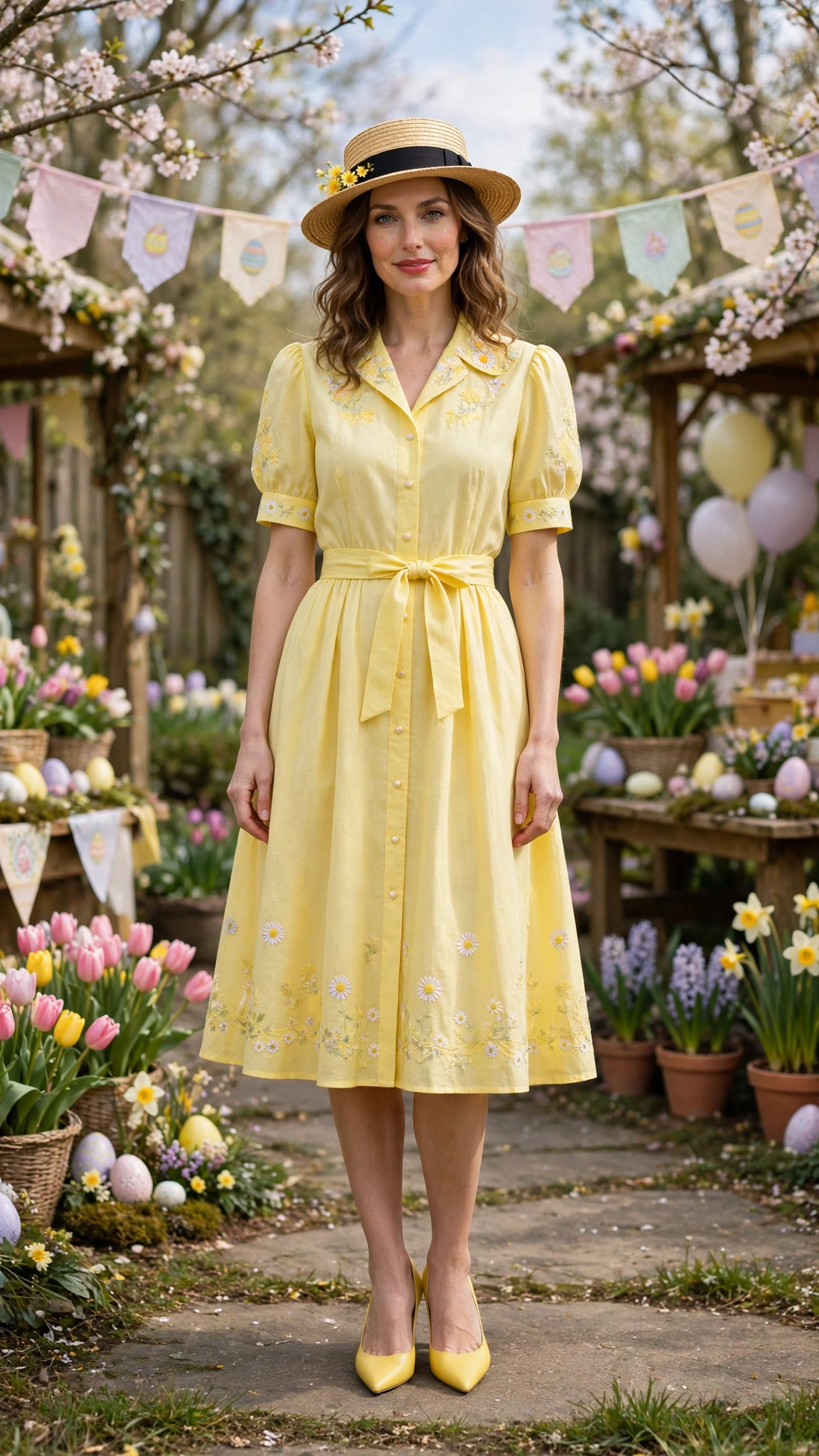 Lemon Yellow Spring Easter Outfit with a boater hat and pointed pumps