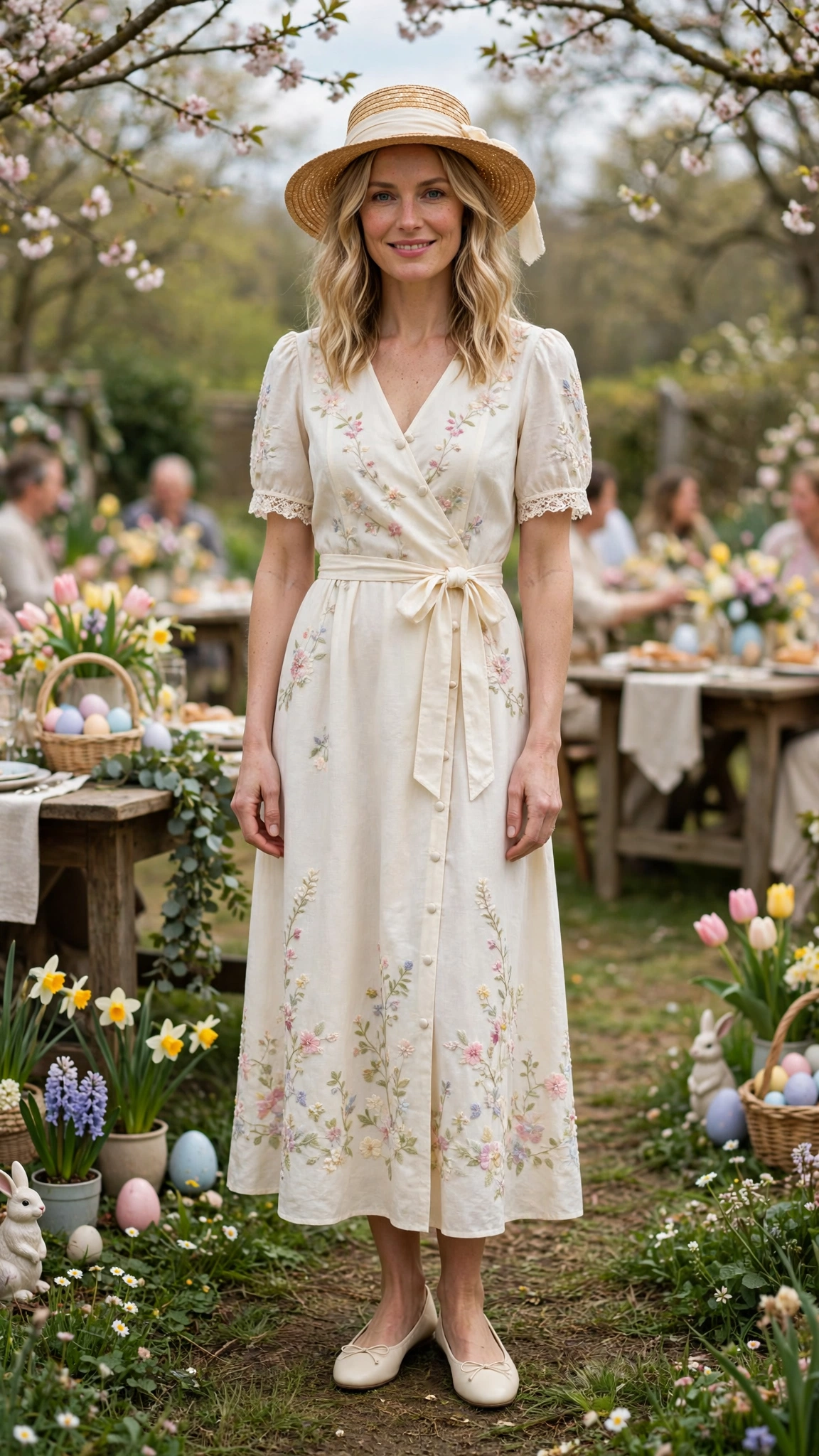 Cream Spring Easter Outfit with a straw hat and ballet flats
