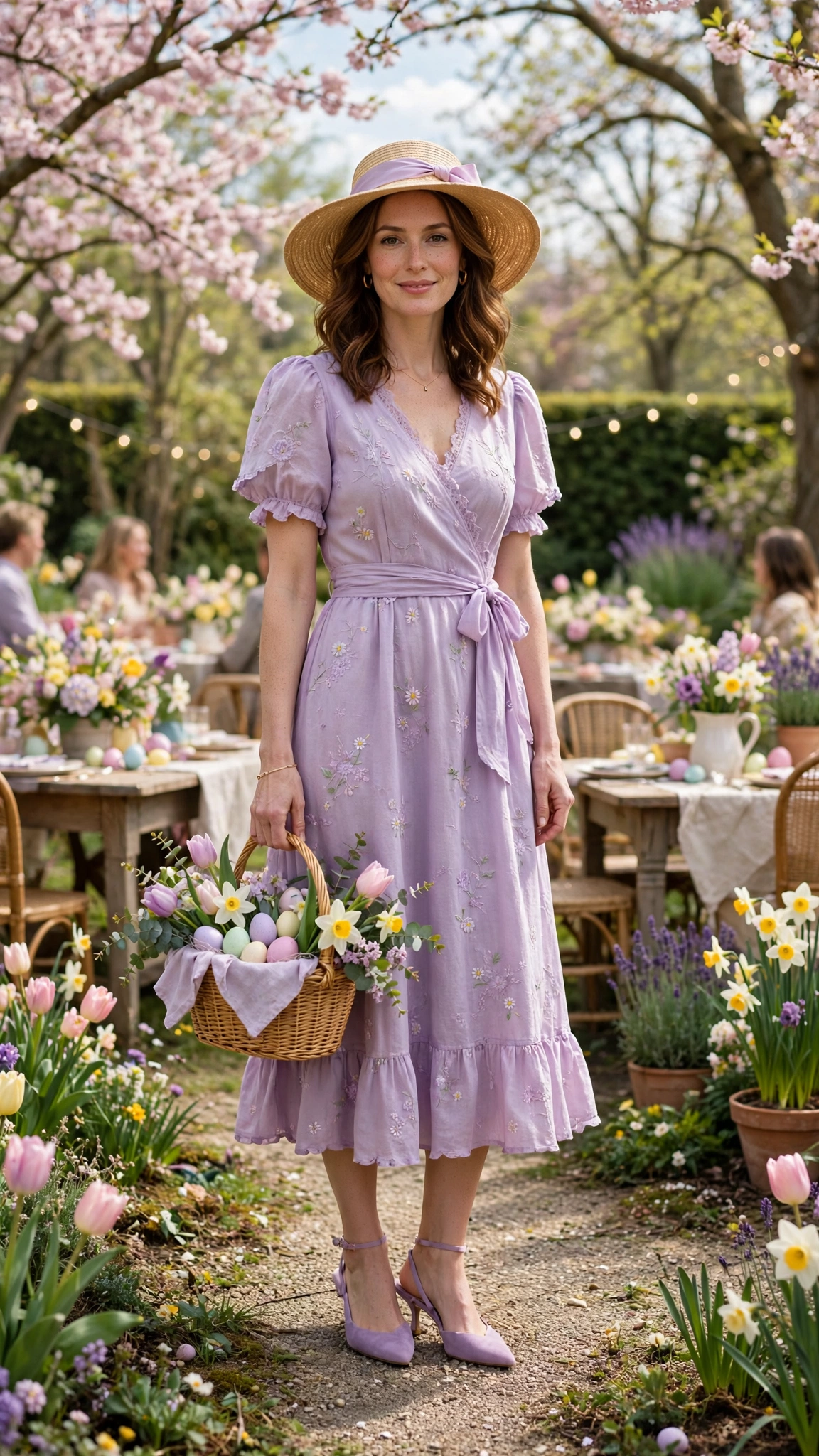 Soft Lilac Spring Easter Outfit with a sun hat and slingback heels